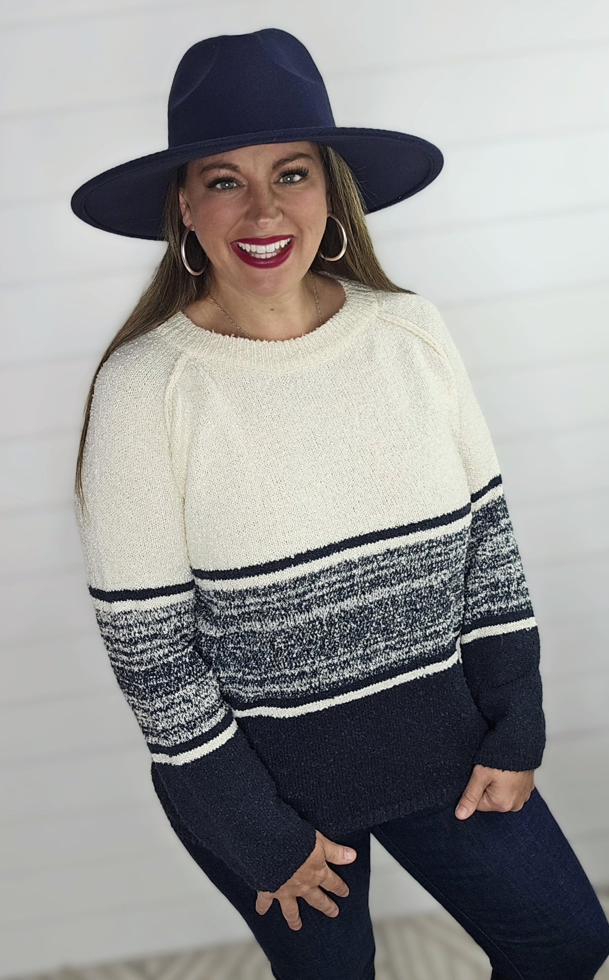 NAVY/CREAM ULTRA COZY STRIPED COLORBOCK SWEATER