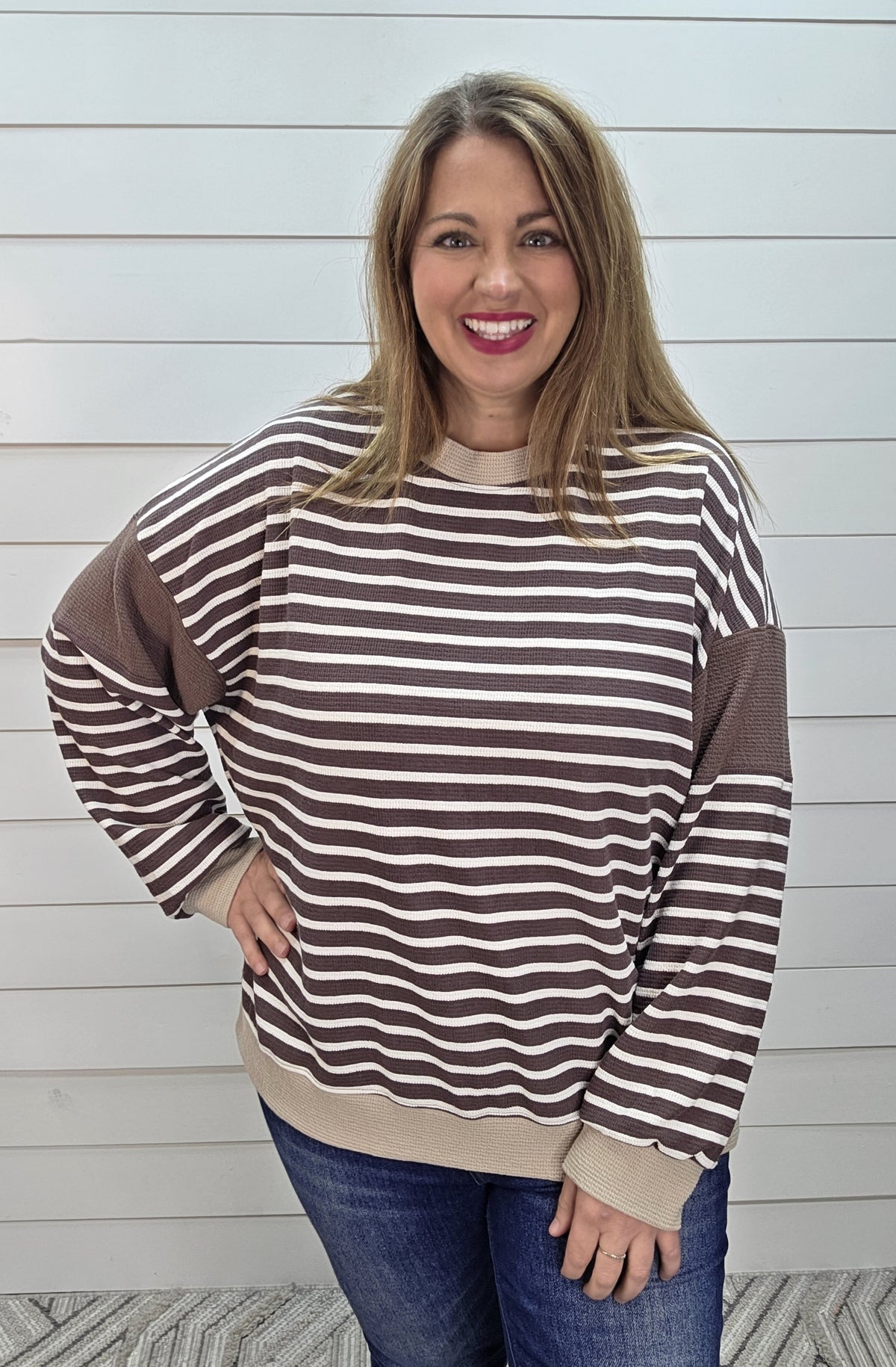 BROWN/TAUPE STRIPED KNIT LONG SLEEVE CLOUD FABRIC TOP