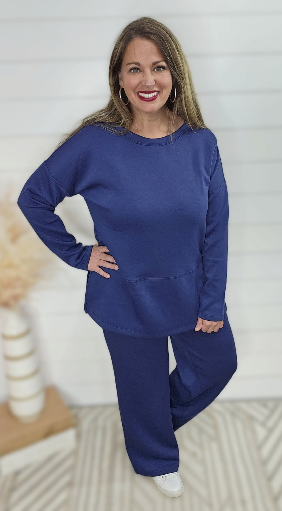 NAVY WRINKLE FREE WIDE LEG CREW NECK SET