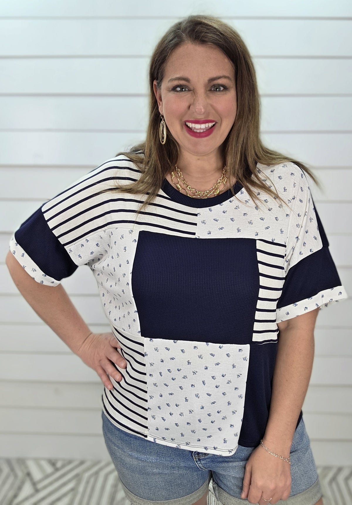 NAVY/WHITE PATCHWORK KNIT TOP