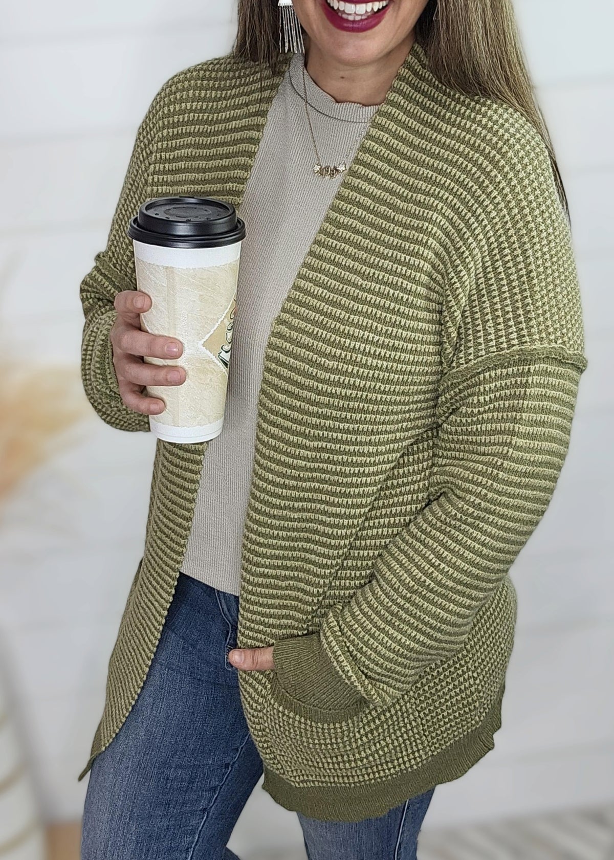 OLIVE TWO TONE WAFFLE TEXTURE OPEN KNIT CARDIGAN