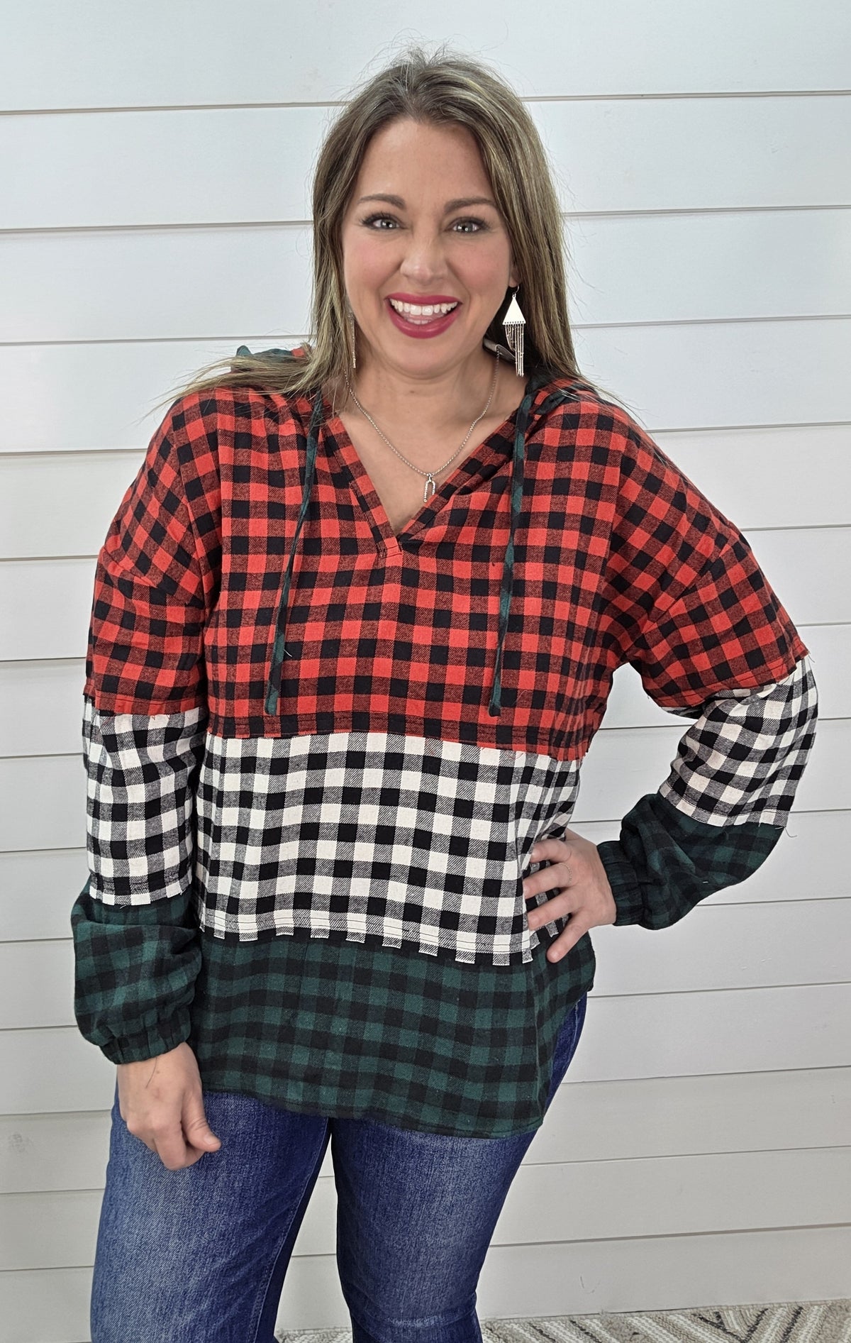 RED/BLACK/GREEN PLAID COLORBLOCK HOODED TOP