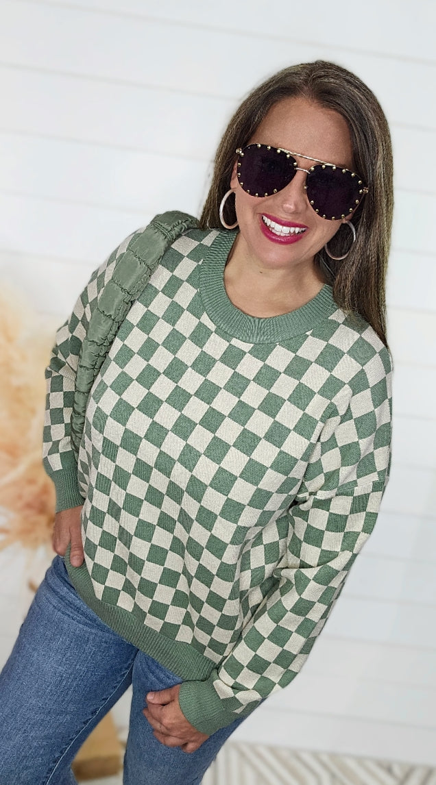 DARK MINT CHECKERBOARD CREW NECK LIGHT WEIGHT SWEATER