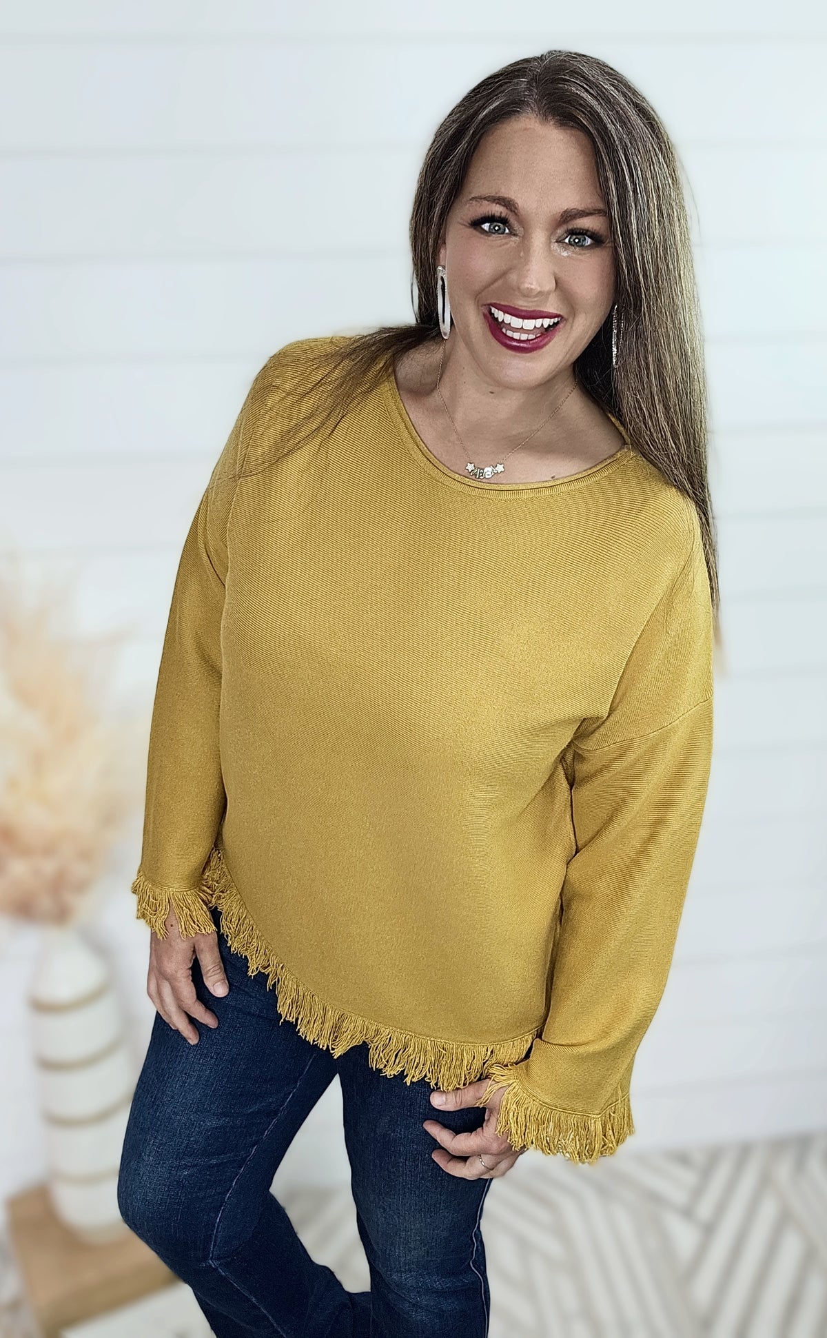 KAREN HART MUSTARD SWEATER W/ FRINGE TRIM