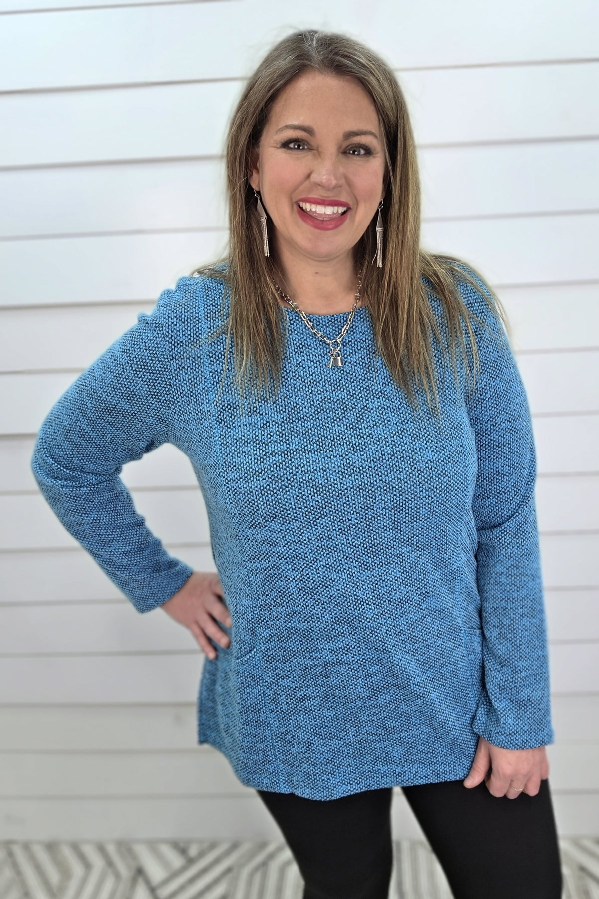 HEATHERED TEAL SOFT KNIT DOUBLE POCKET TUNIC