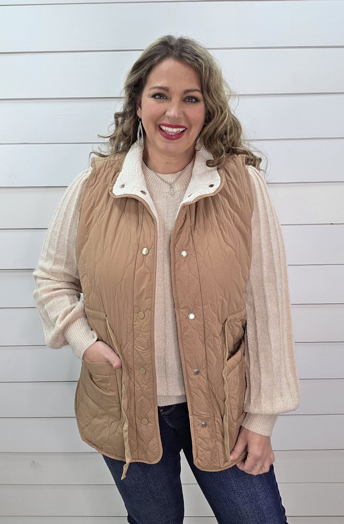 TAUPE FAUX FUR LINED SNAP BUTTON TIE VEST