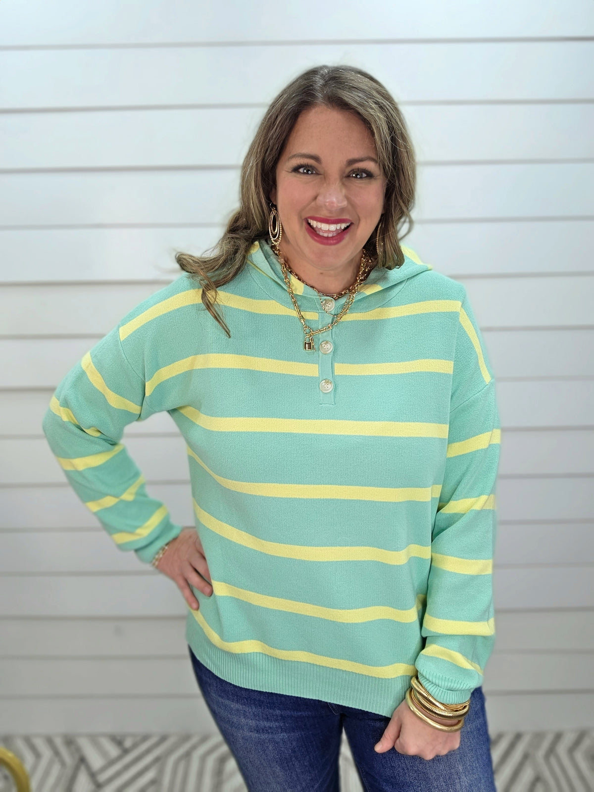 MINT/YELLOW BUTTON HENLEY HOODED KNIT PULLOVER SWEATER