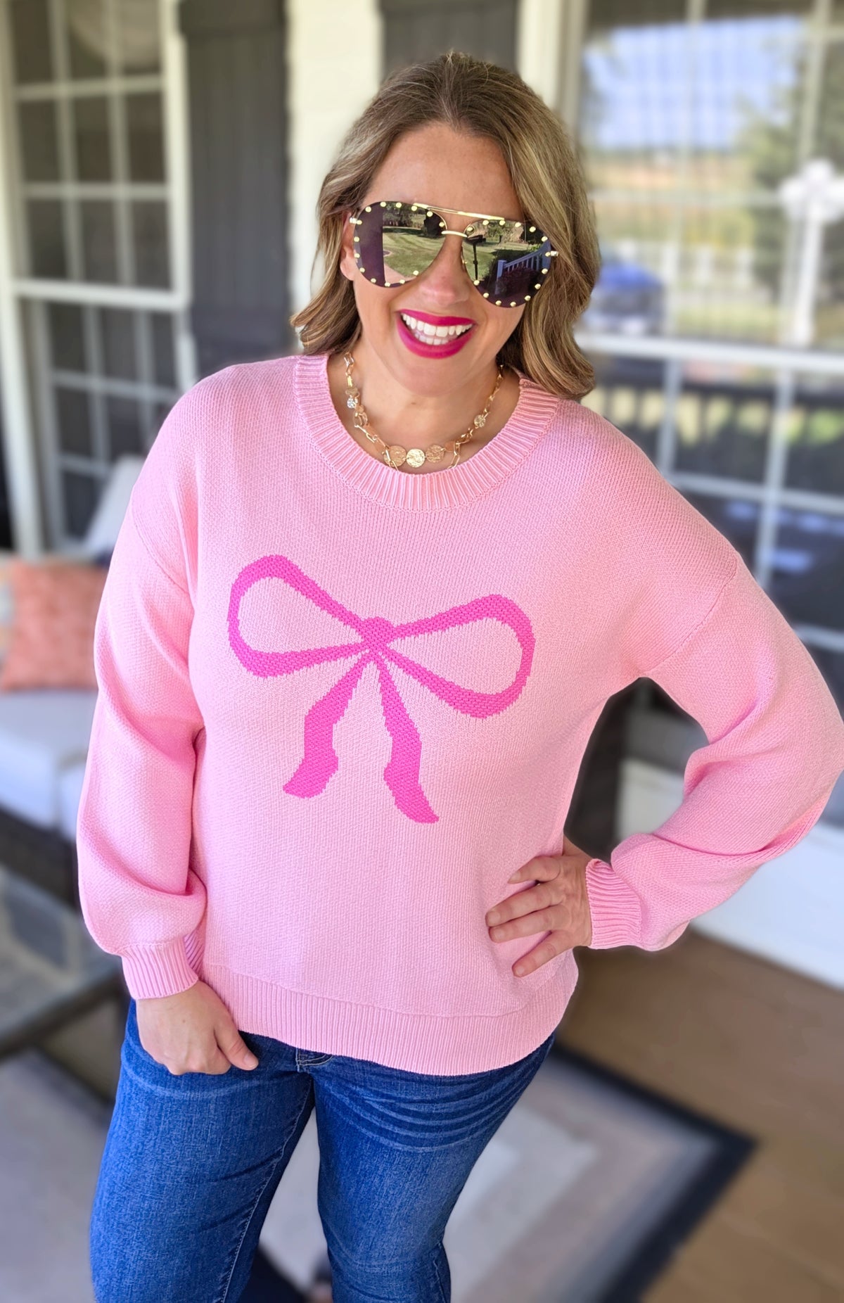 PINK LARGE BOW SWEATER