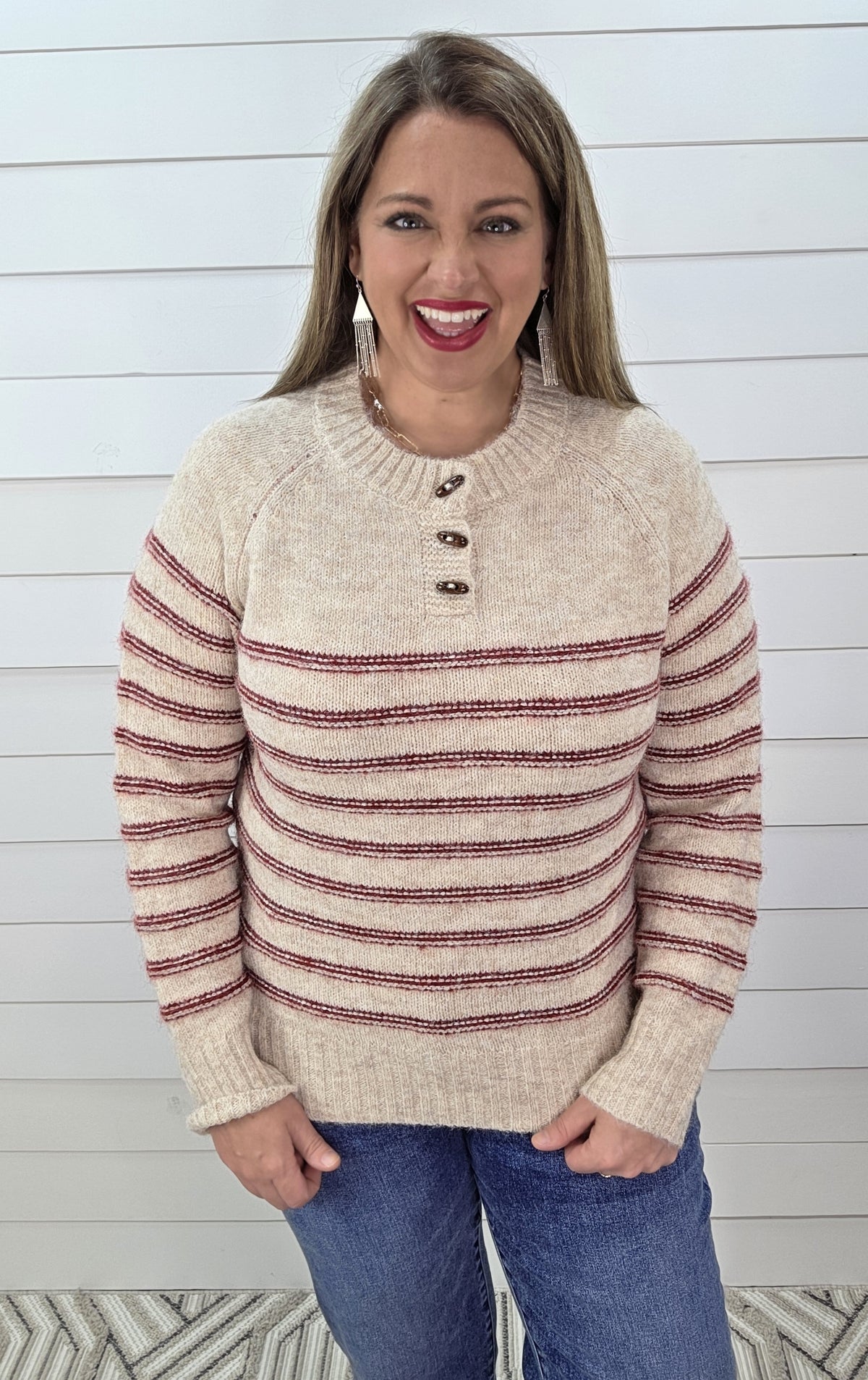OATMEAL/RED STRIPED SWEATER WITH WOOD BUTTONS