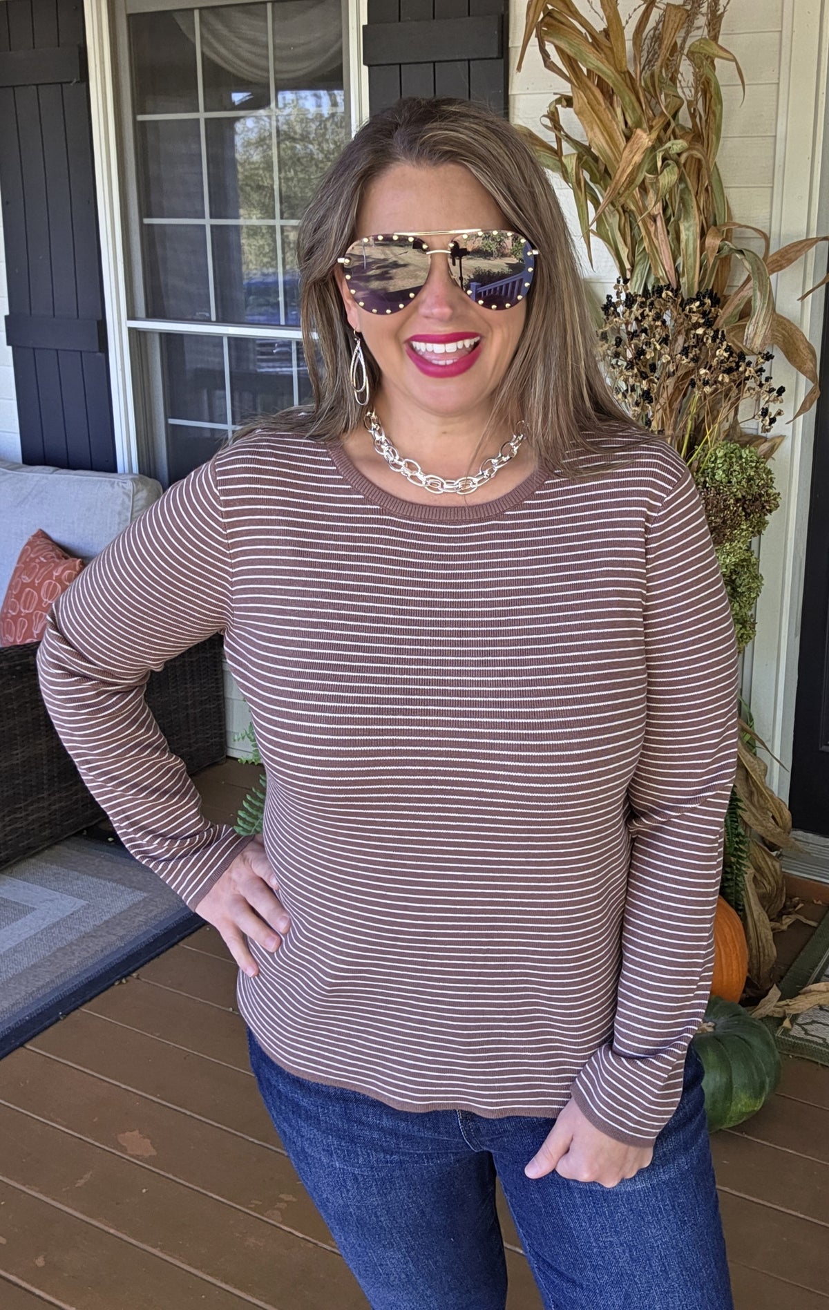 MOCHA PINSTRIPED PULLOVER SWEATER