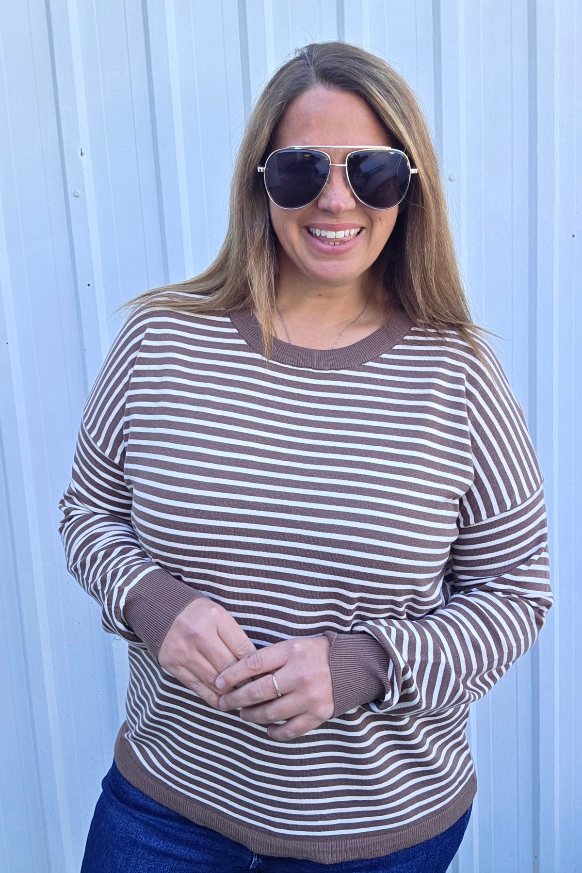 Chocolate Crew Neck, Long Sleeve, Light Weight Loose Fit, Striped Pullover Sweater