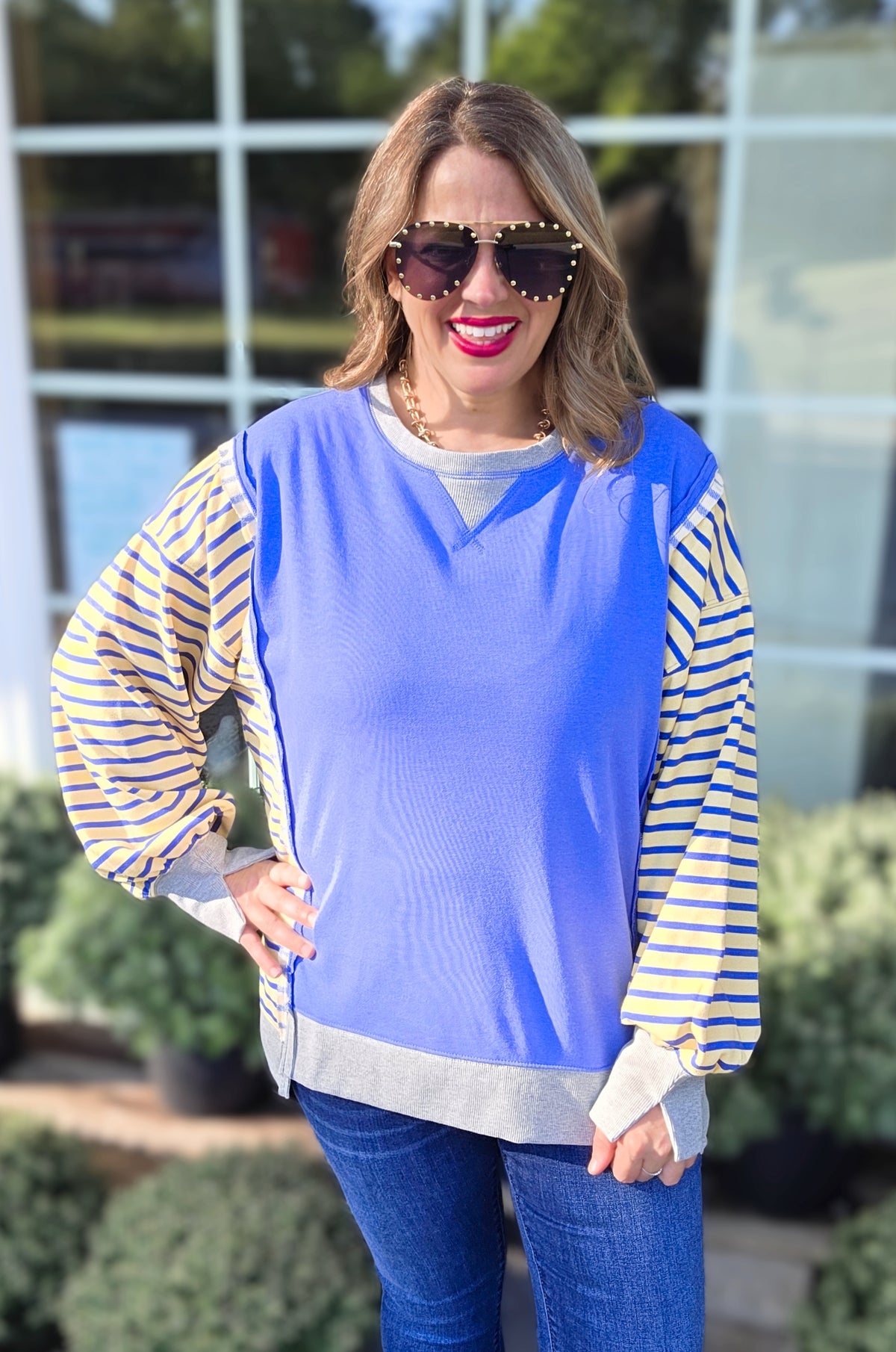 BLUE/STRIPED CONTRAST FRENCH TERRY TOP
