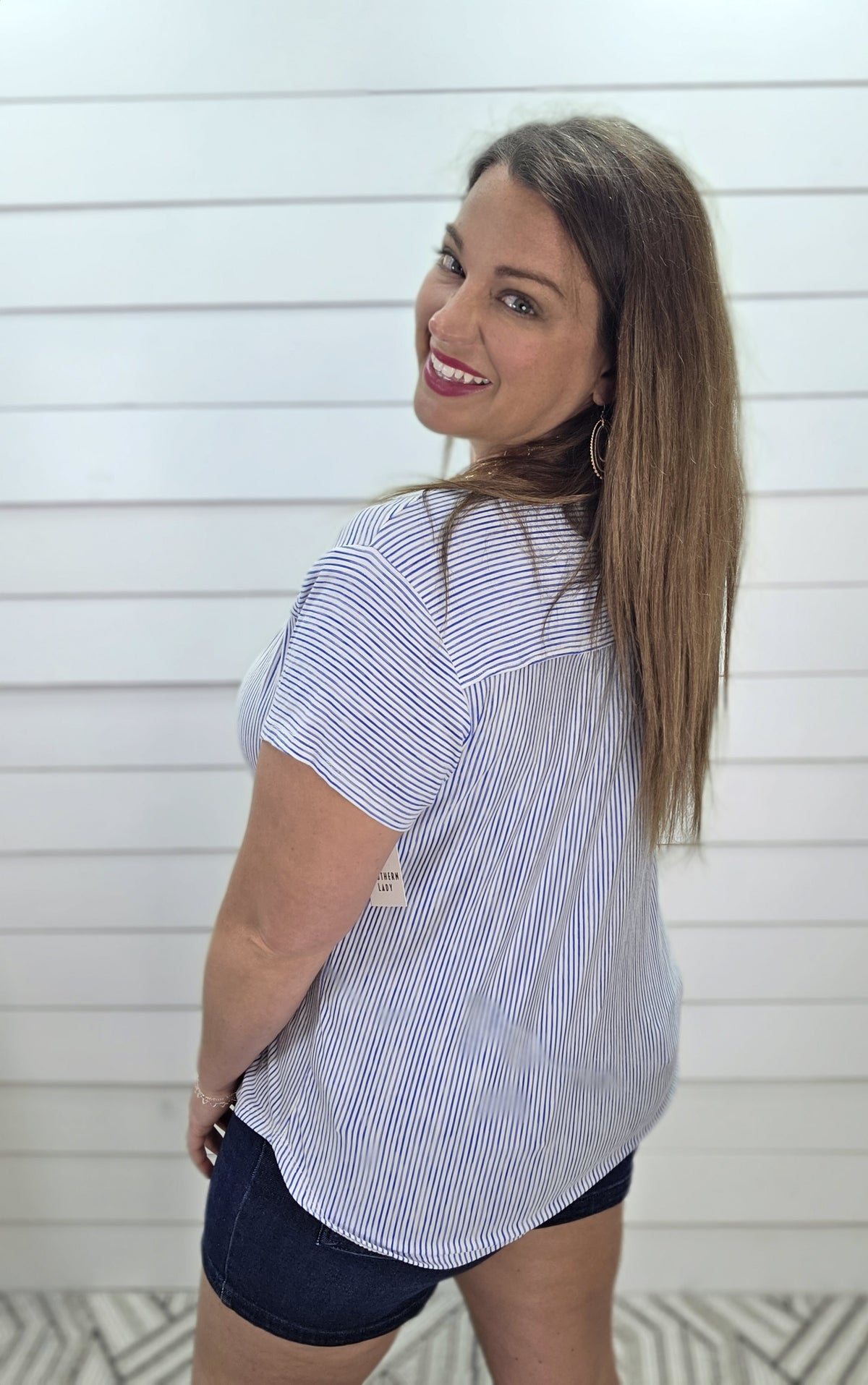 BLUE PINSTRIPED KNIT FAUX BUTTON TRIM TOP