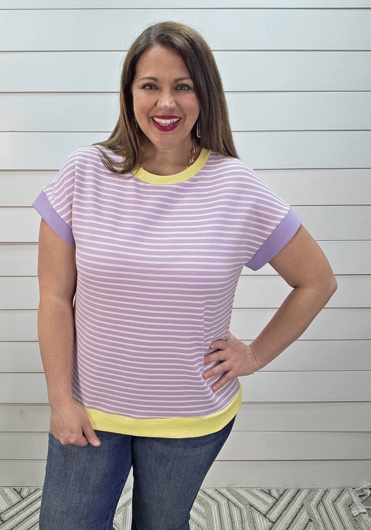 PURPLE STRIPED KNT TOP W/ YELLOW TRIM