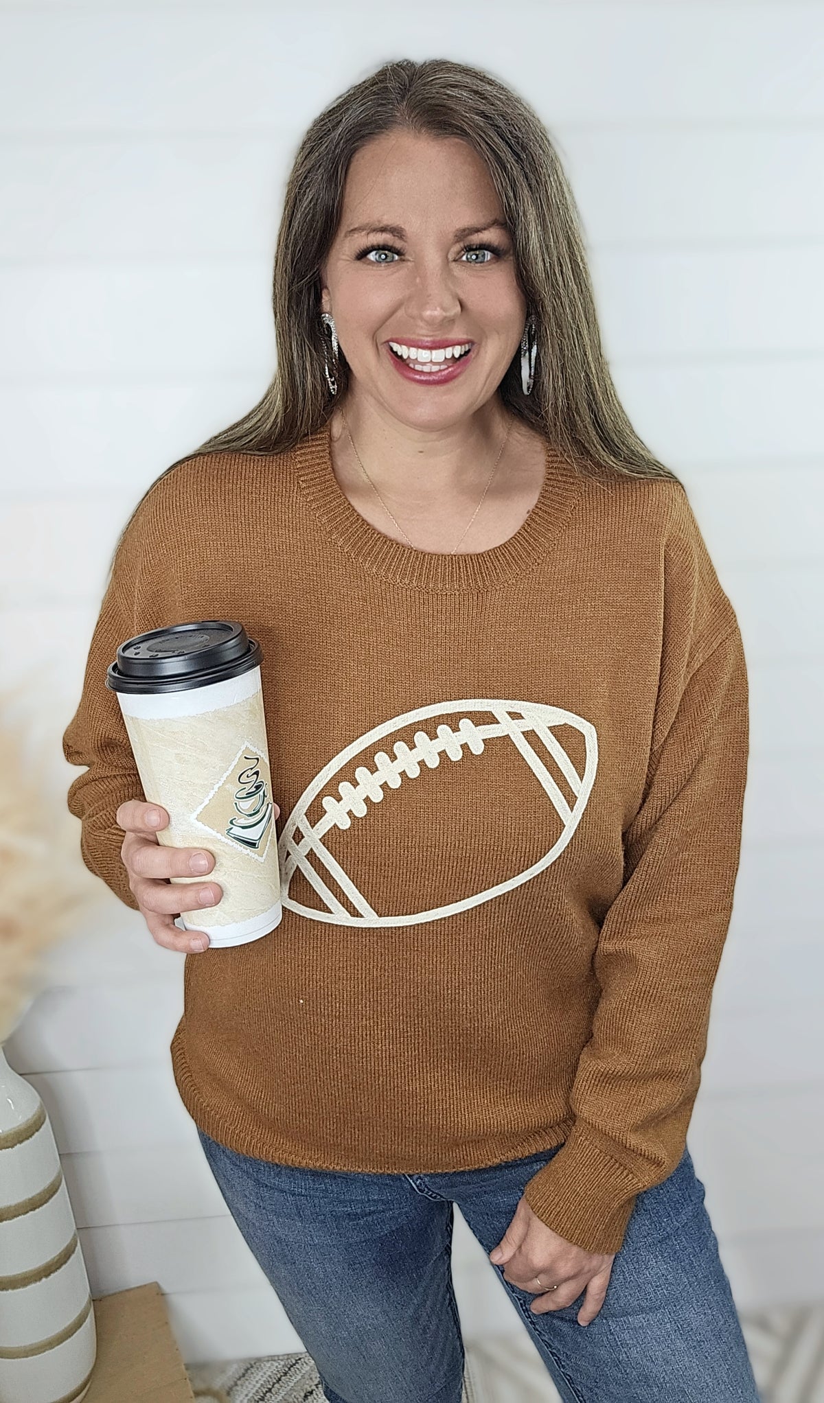 BROWN FOOTBALL EMBROIDERED SWEATER