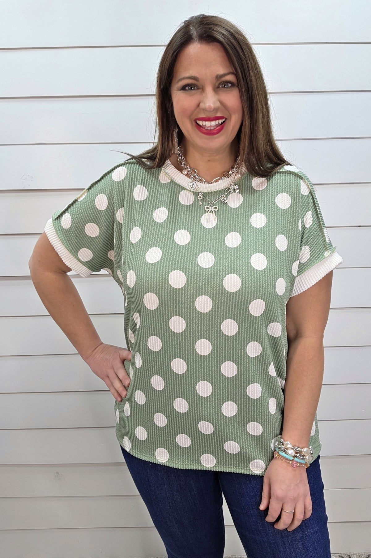 SAGE POLKA DOT RAISED RIBBED KNIT TOP