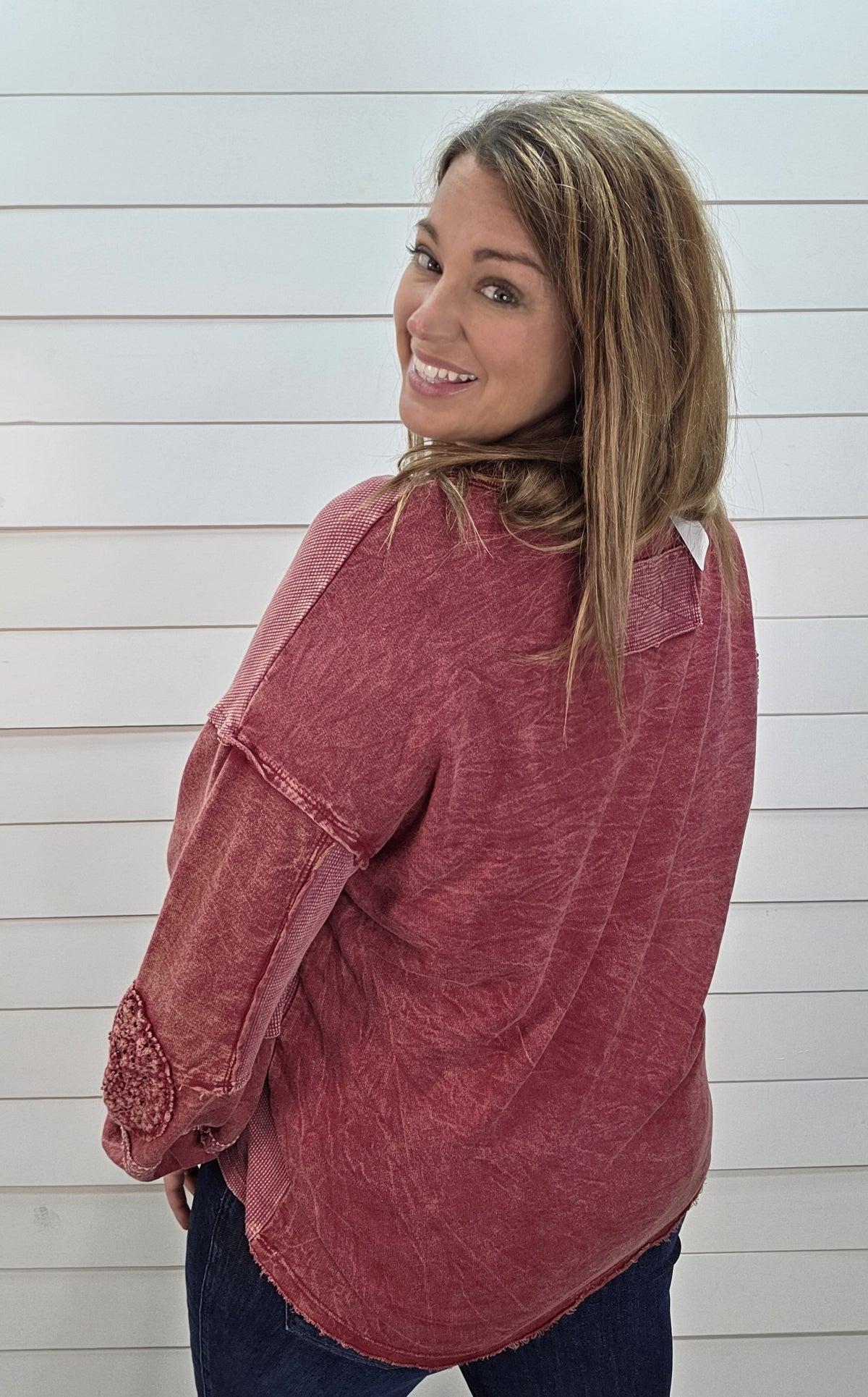 BURGUNDY Mineral Washed Doily V neck KNIT TOP
