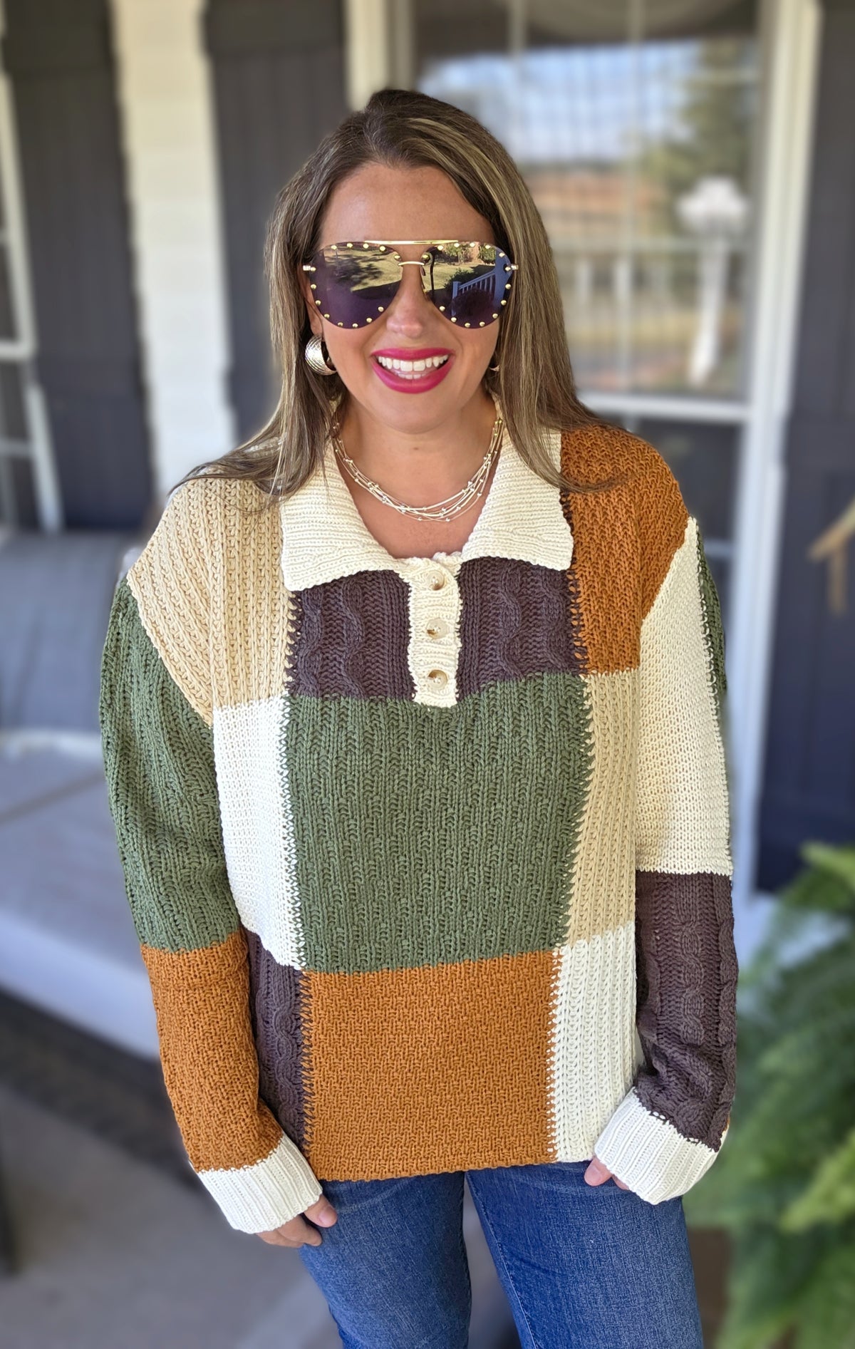 OLIVE/IVORY/CAMEL KNIT BLOCK BUTTON TRIM SWEATER