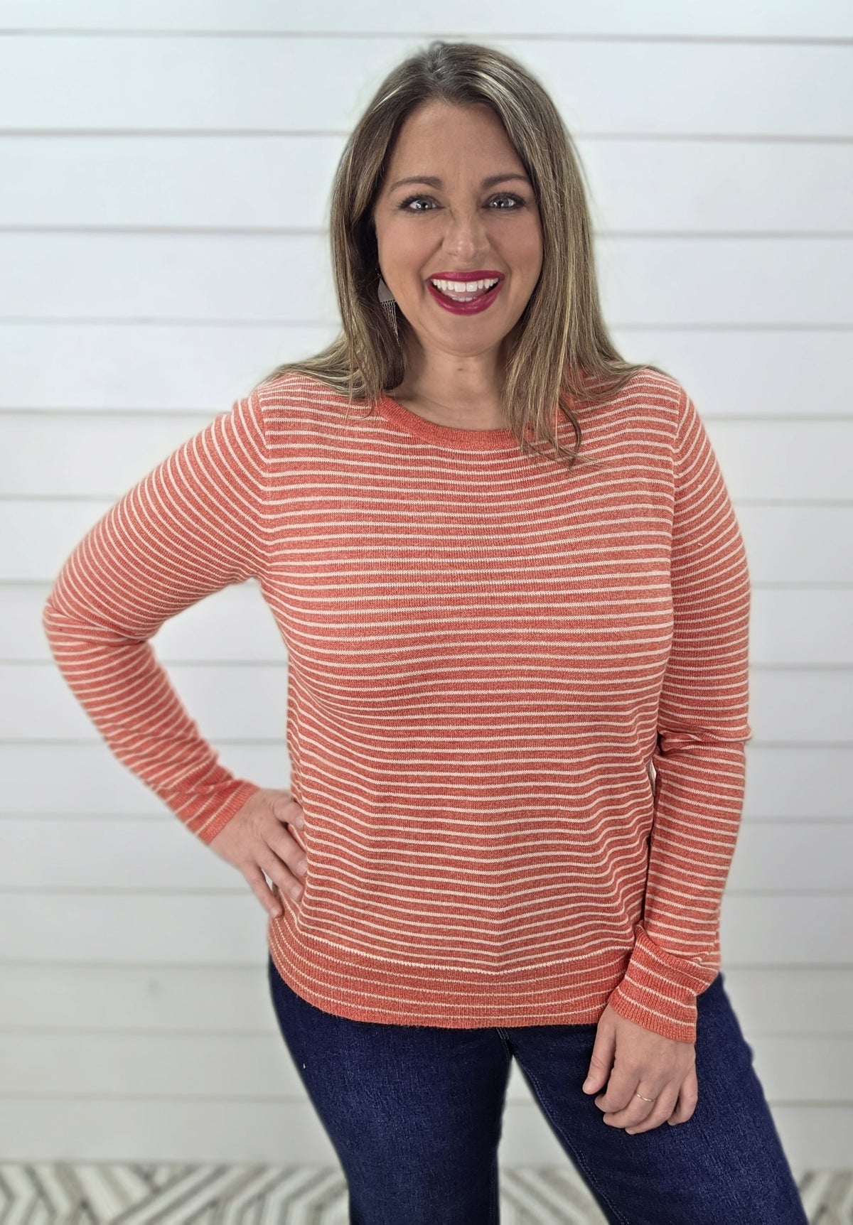 CORAL/CREAM STRIPED LIGHT WEIGHT KNIT SWEATER