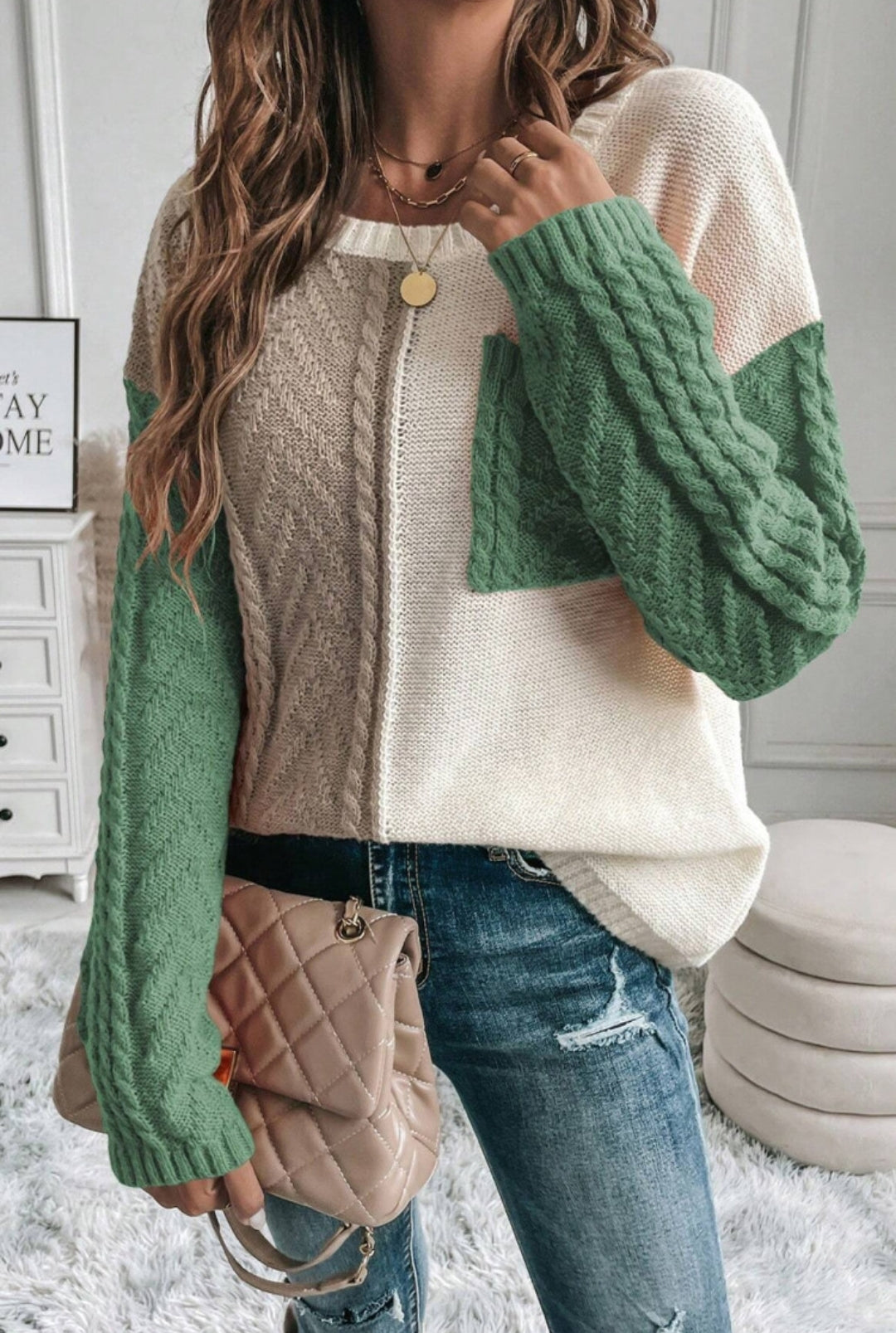 VINEYARD GREEN COLORBLOCK PATCHED POCKET DROP SHOULDER SWEATER