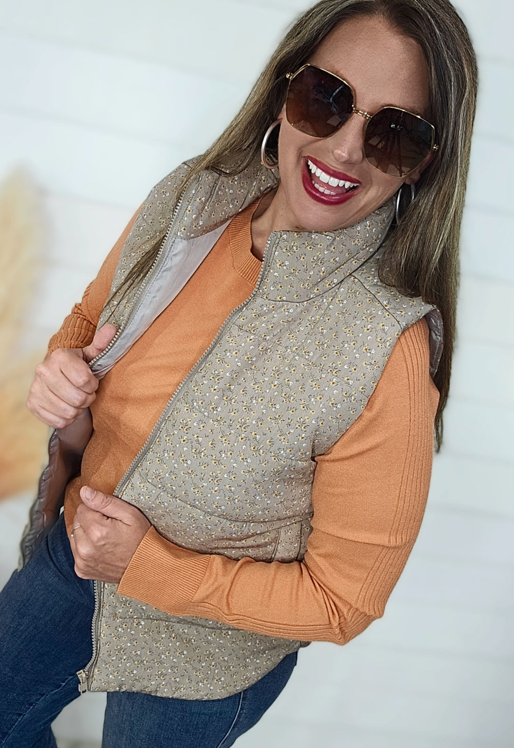 TAUPE FLORAL PADDED FULL ZIP VEST