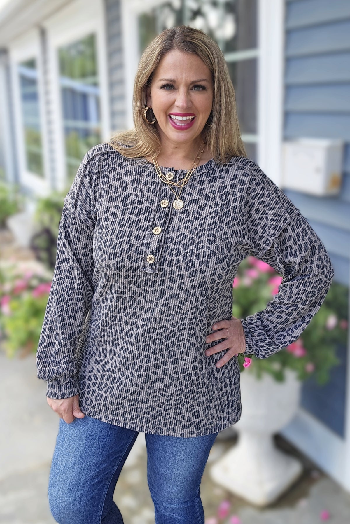 COCO ANIMAL HENLEY RAISED RIBBED LONG SLEEVE KNIT TOP