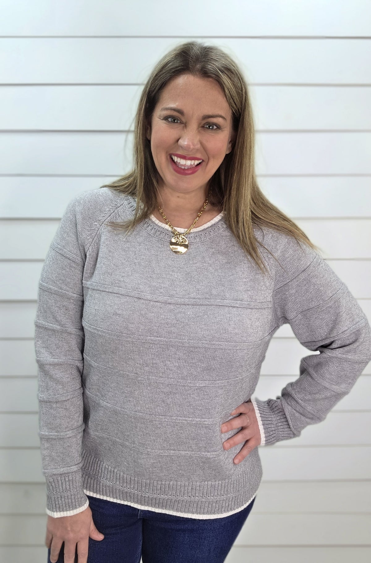 HEATHER GREY TEXTURED STRIPED CREW NECK PULLOVER SWEATER