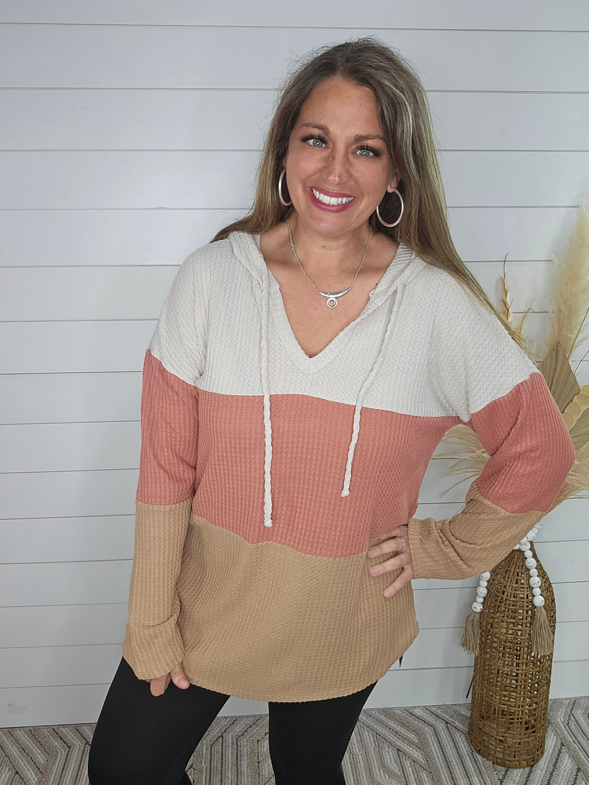 BRUSHED WAFFLE COLORBLOCK TUNIC - OATMEAL/CINAMMON