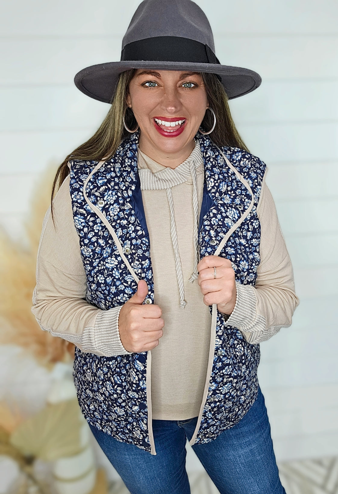 NAVY FLORAL SNAP BUTTON VEST