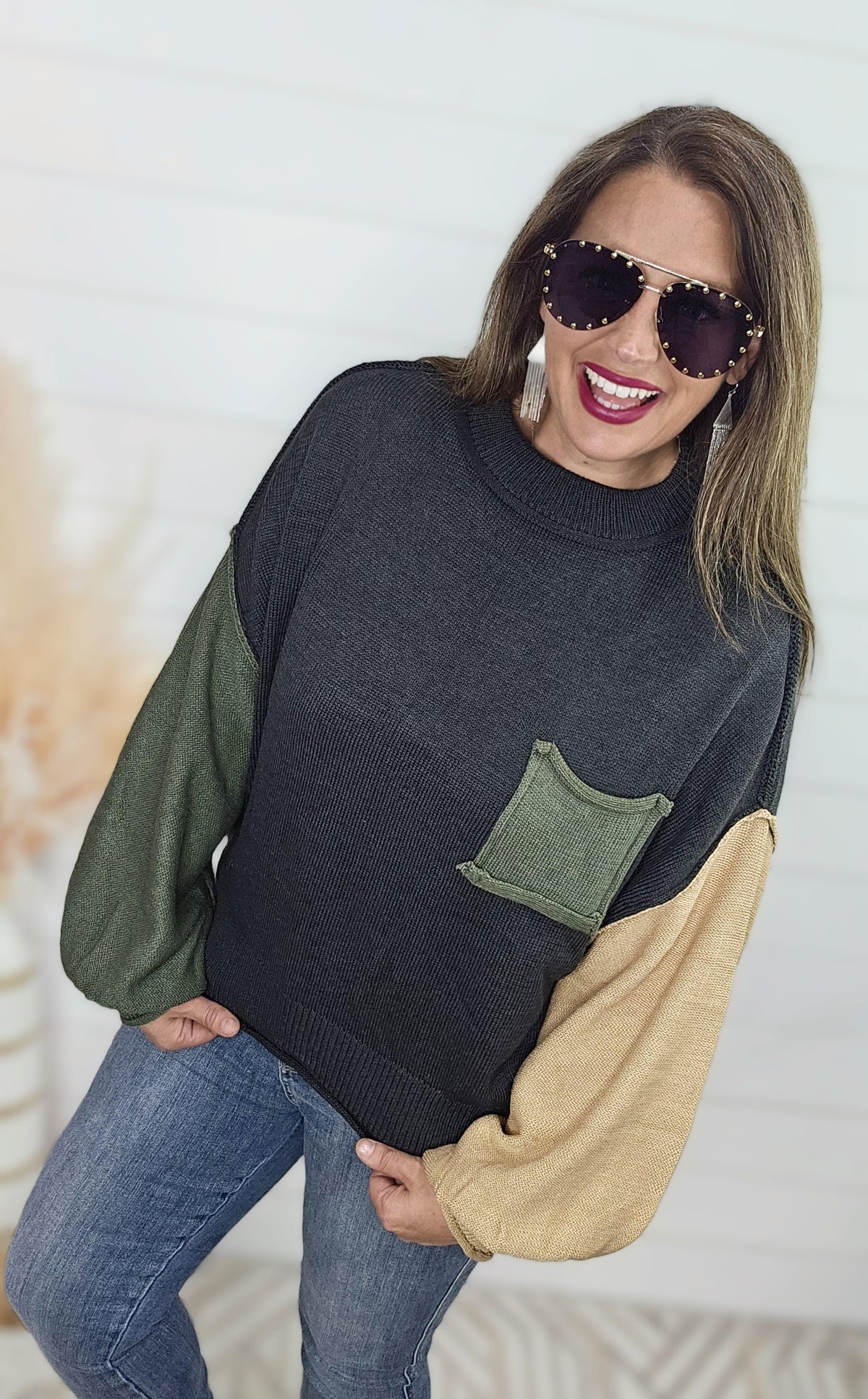 POL COLOR CONTRAST POCKET PULLOVER SWEATER