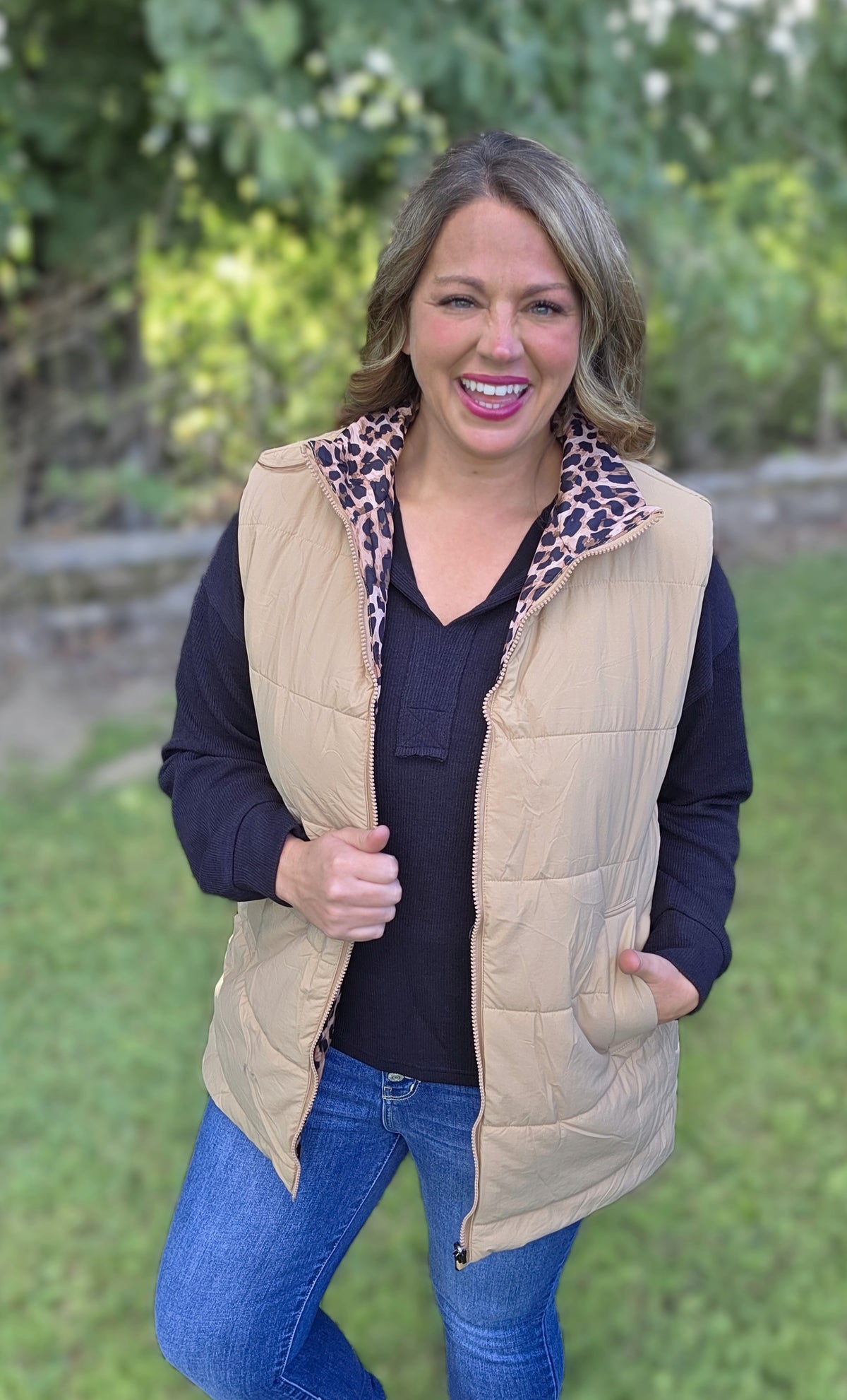 KHAKI AND LEOPARD REVERSIBLE ZIP UP VEST