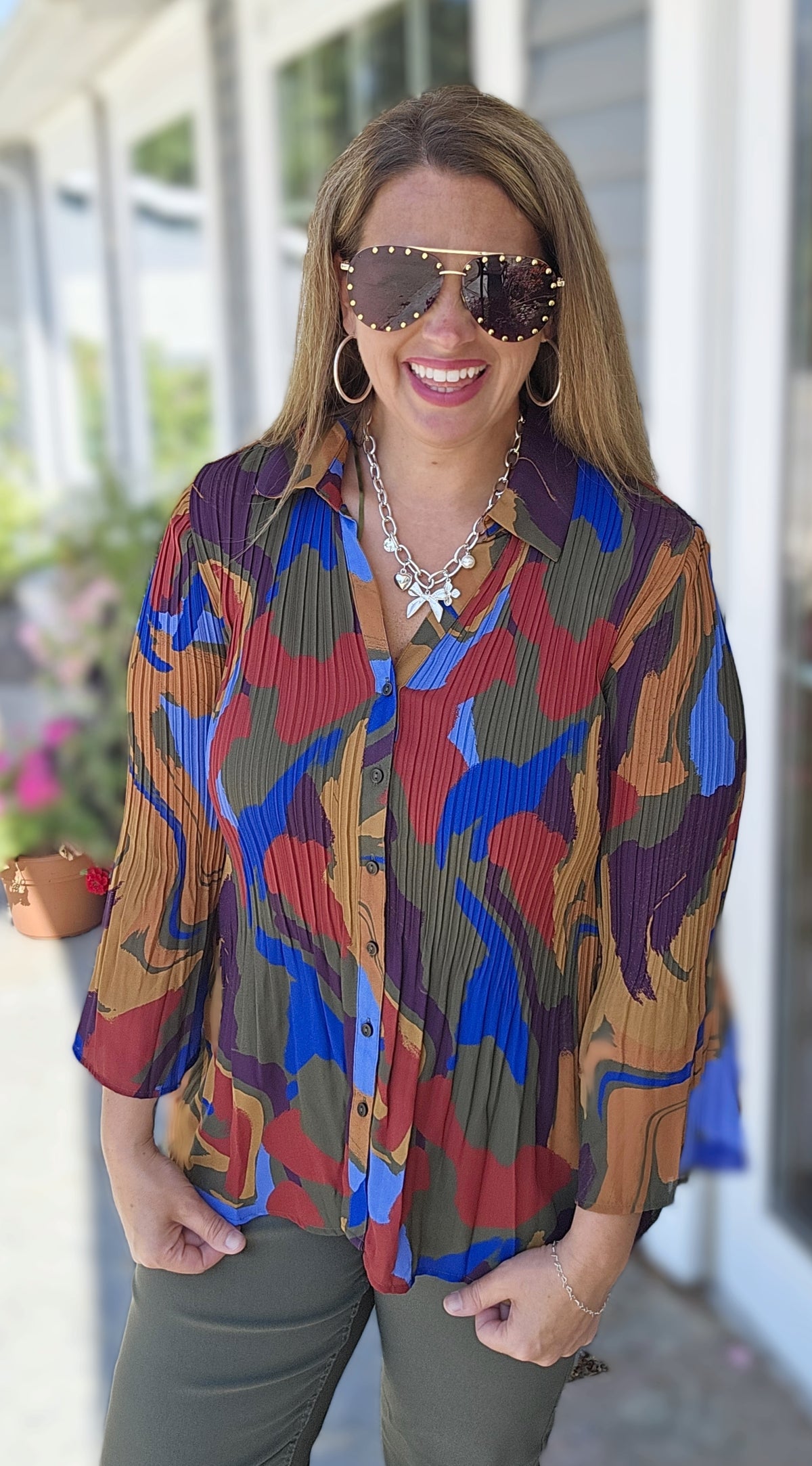 KAREN HART MULTI COLOR LOOSE SMOCKED BUTTON UP BLOUSE