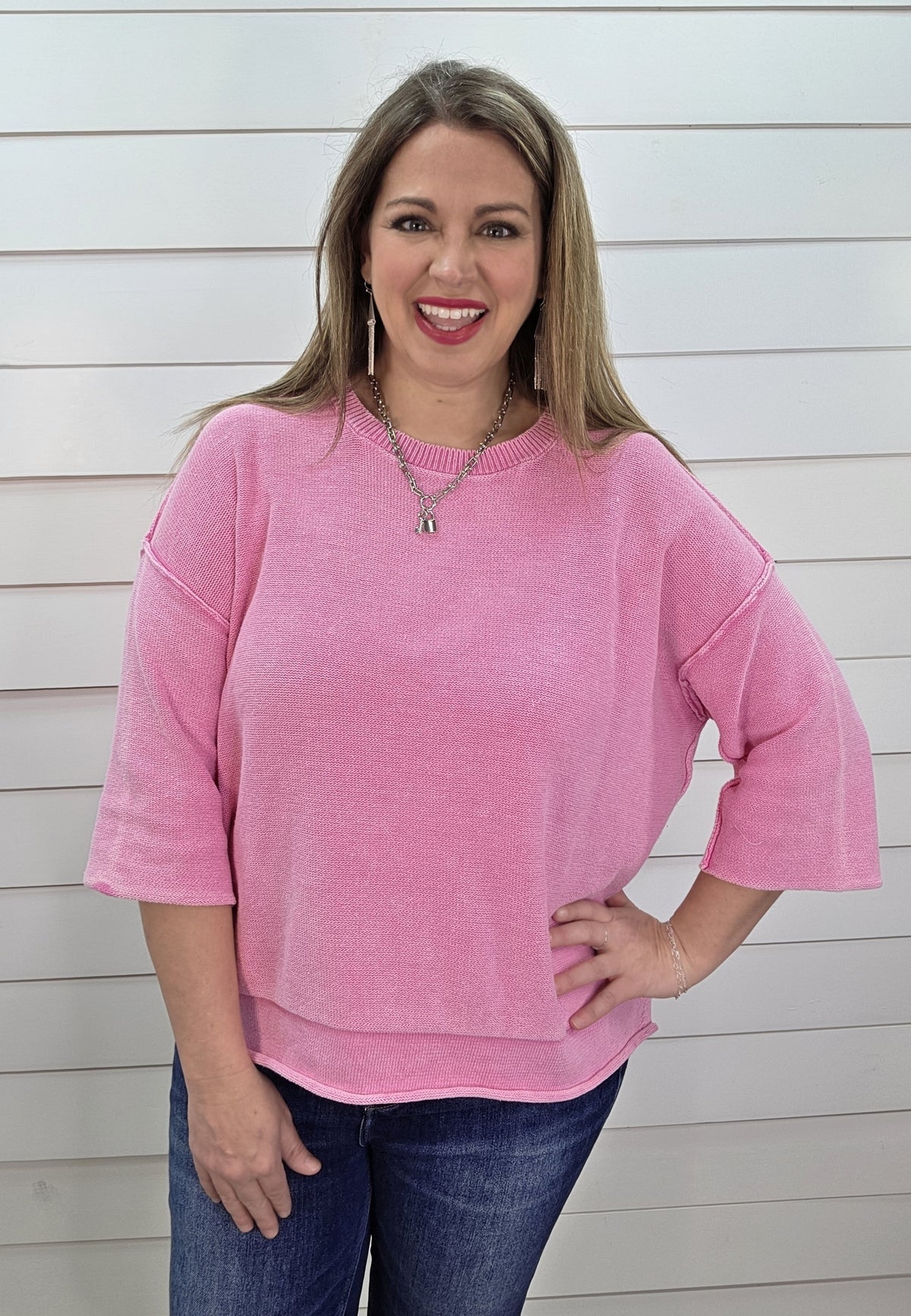 CANDY PINK 3/4 SLEEVE LOOSE FIT SWEATER