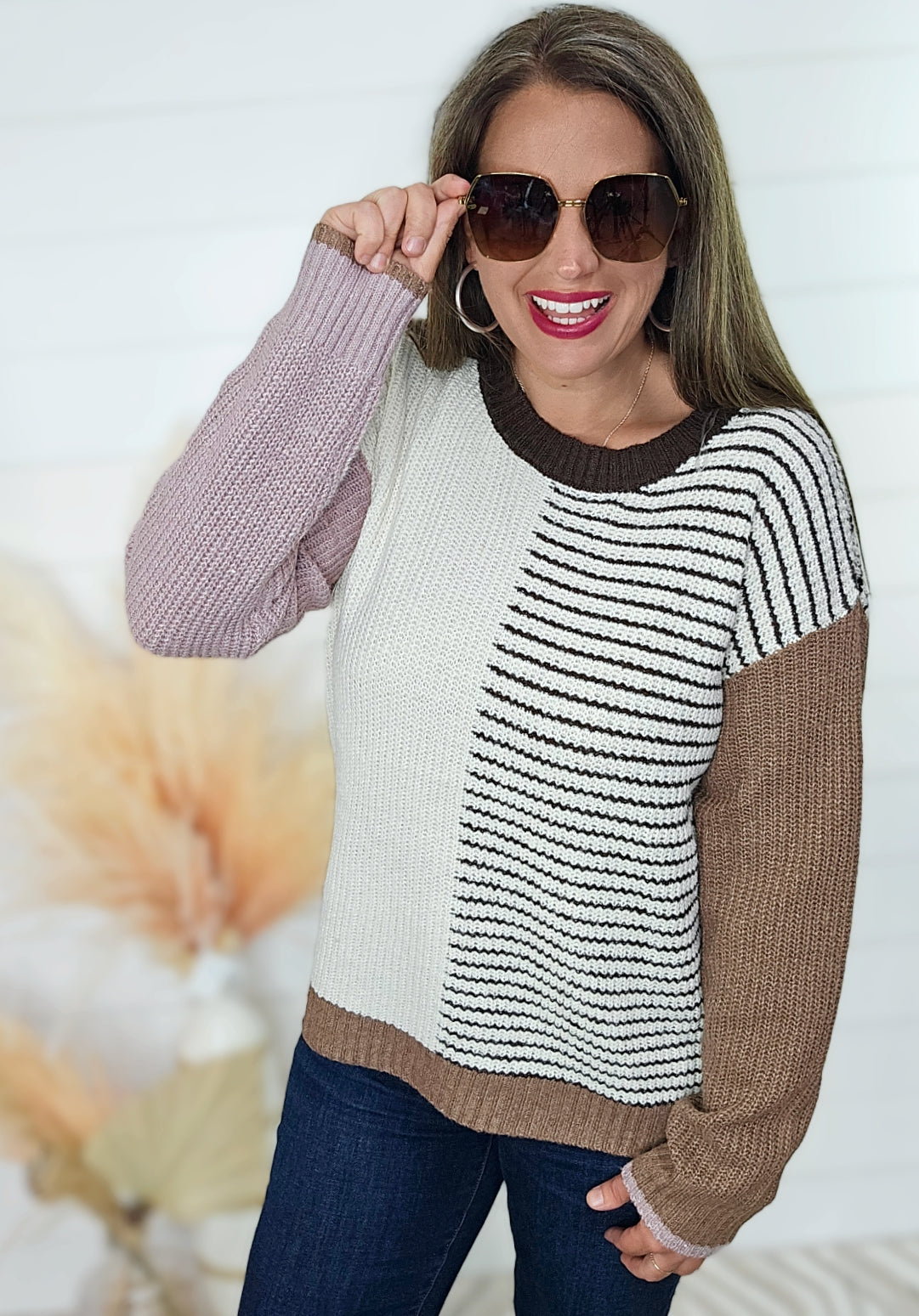 MOCHA/MAUVE COLORBLOCK STRIPED CREW NECK LIGHT WEIGHT SWEATER