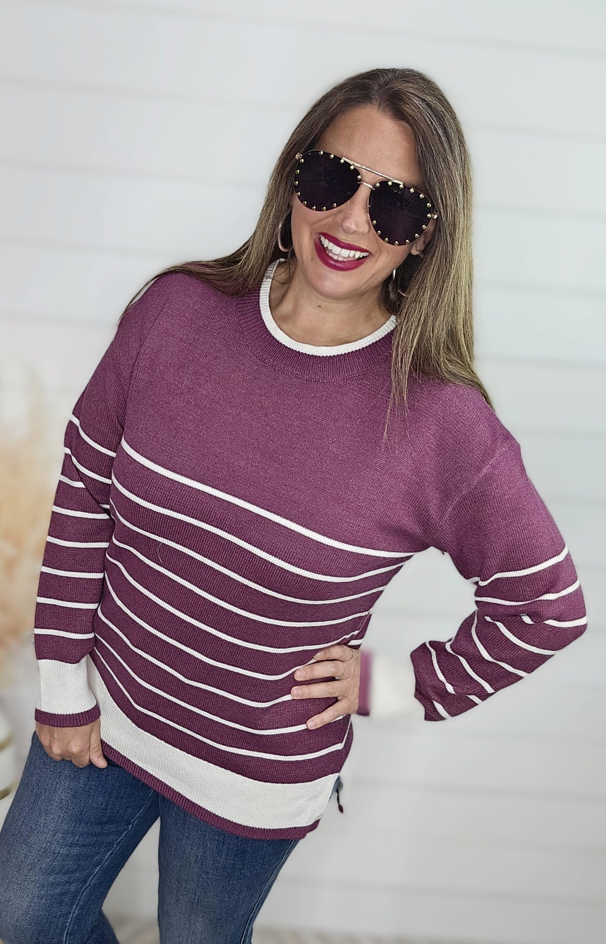 MAGENTA STRIPED KNIT CREW NECK PULLOVER SWEATER