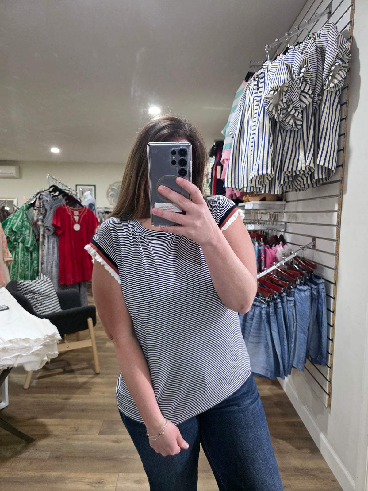 NAVY PINSTRIPED KNIT TOP W/  COLORBLOCK SLEEVES