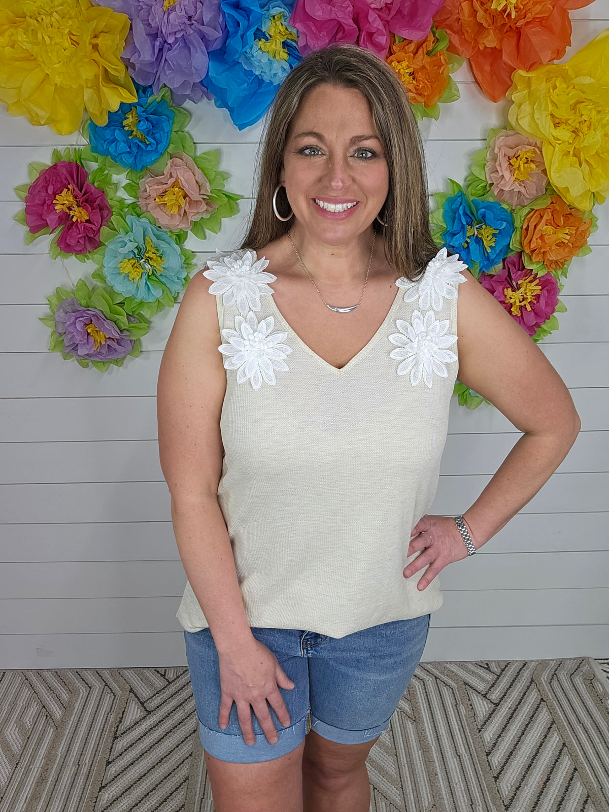 OATMEAL KNIT FLORAL ACCENT TANK