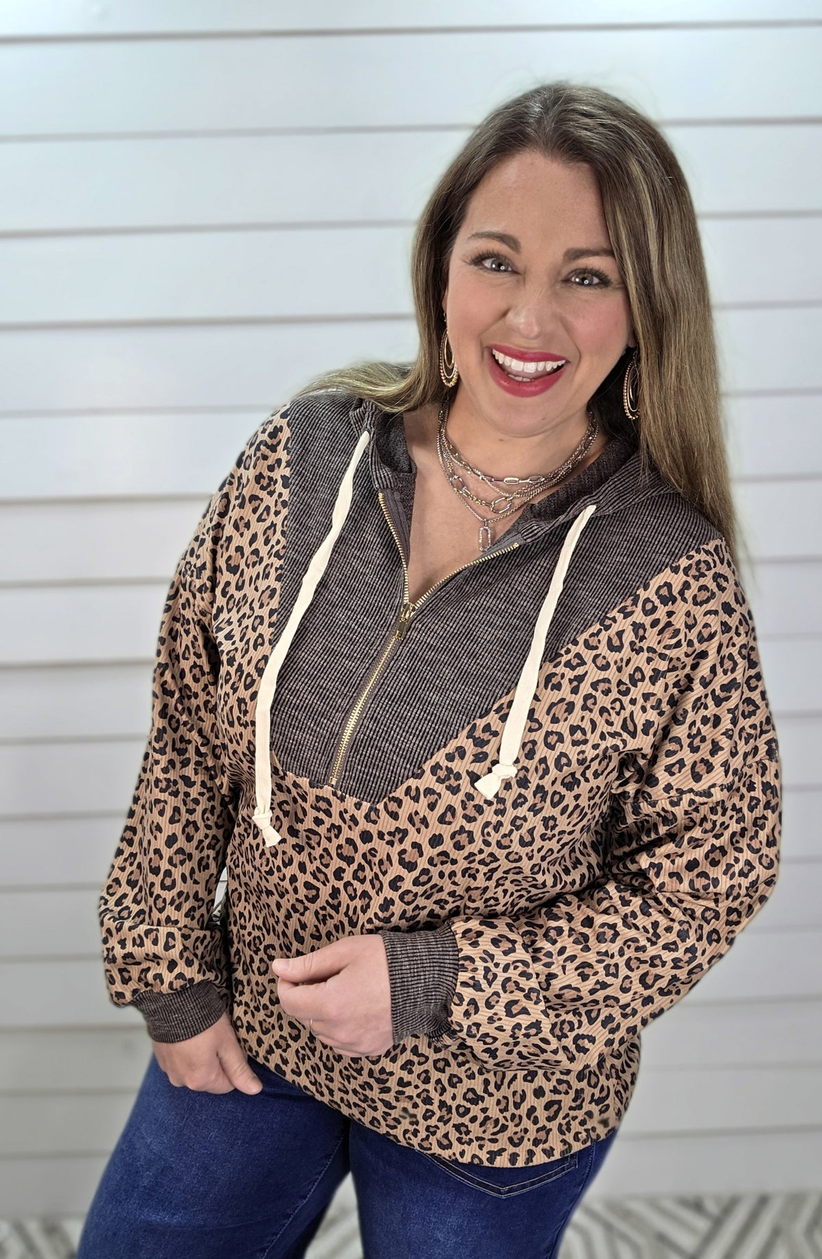 BROWN RIBBED LEOPARD HALF ZIP PULLOVER