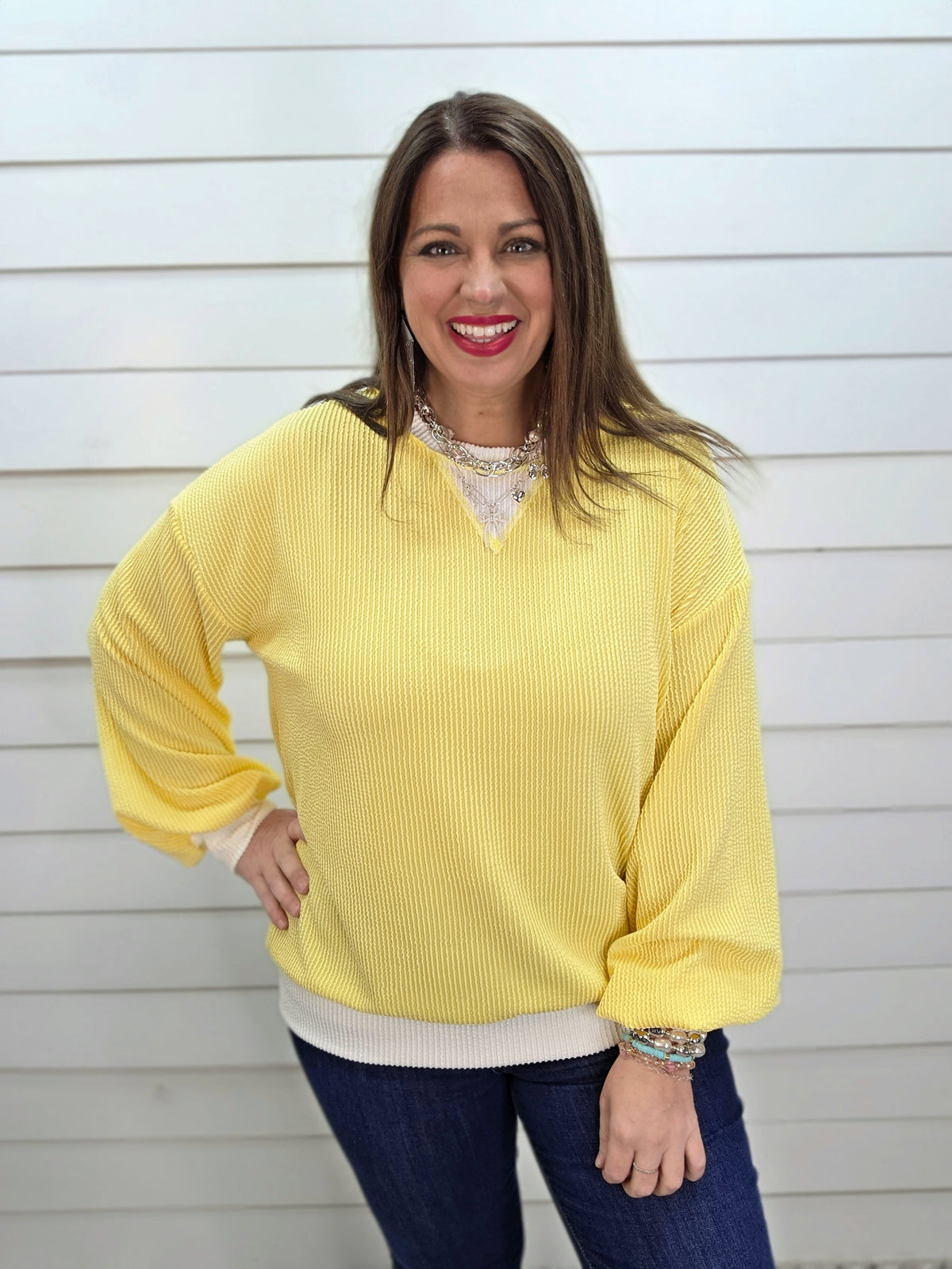 YELLOW RAISED RIBBED LONG SLEEVE KNIT TOP