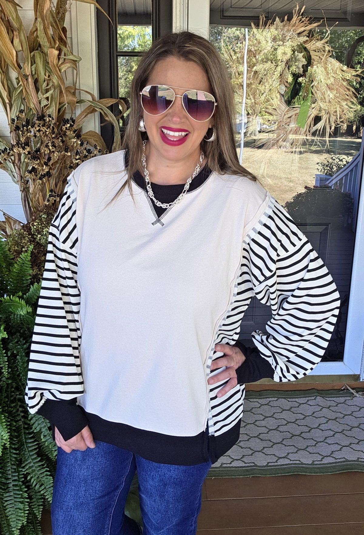 CREAM/BLACK STRIPED CONTRAST FRENCH TERRY PULLOVER