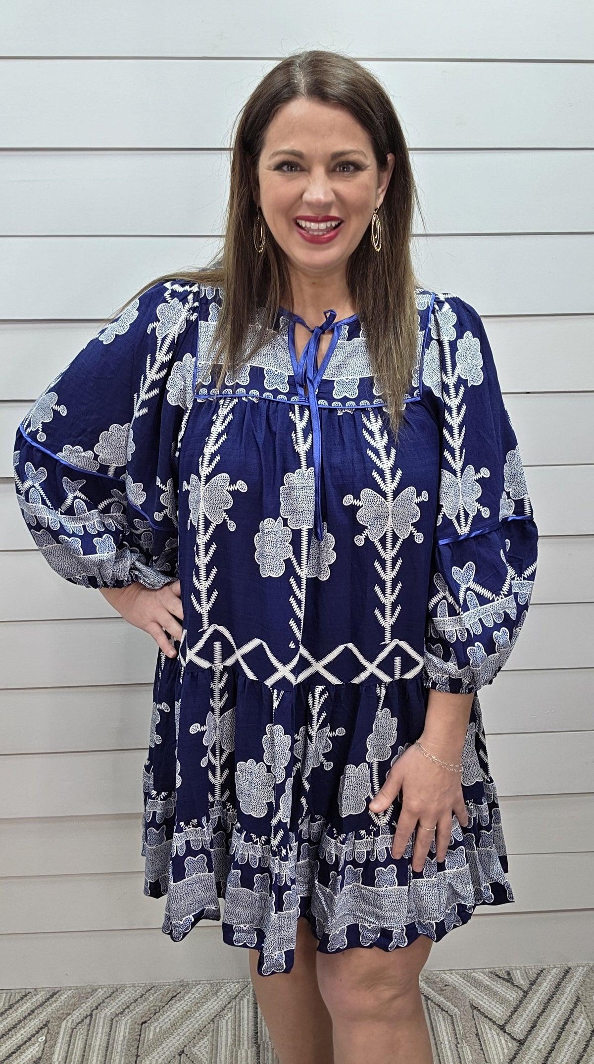 NAVY FLORAL 3/4 SLEEVE DRESS