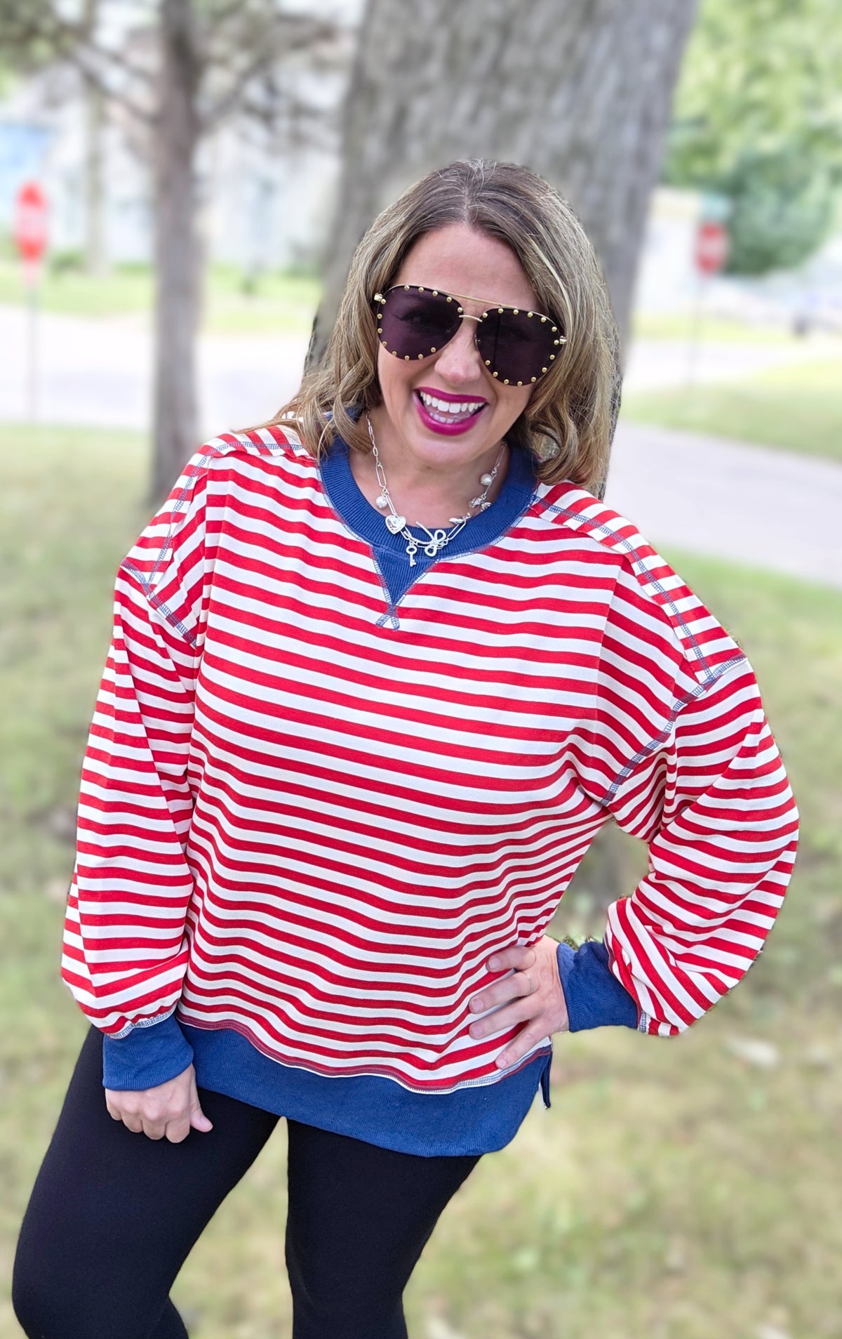 RED/CREAM STRIPED OVERSIZED FRENCH TERRY PULLOVER