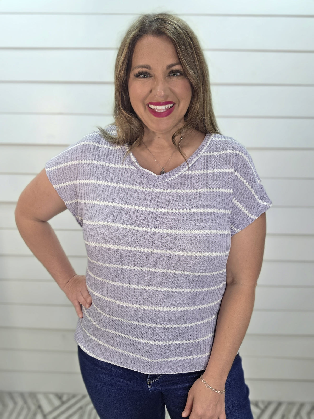 LAVENDER STRIPED WAFFLE KNIT V NECK TOP