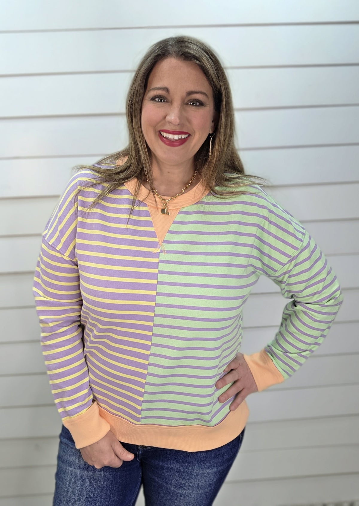 LAVENDER/LEMON/SAGE/ORANGE STRIPED CONTRAST COLORBLOCK FRENCH TERRY TOP