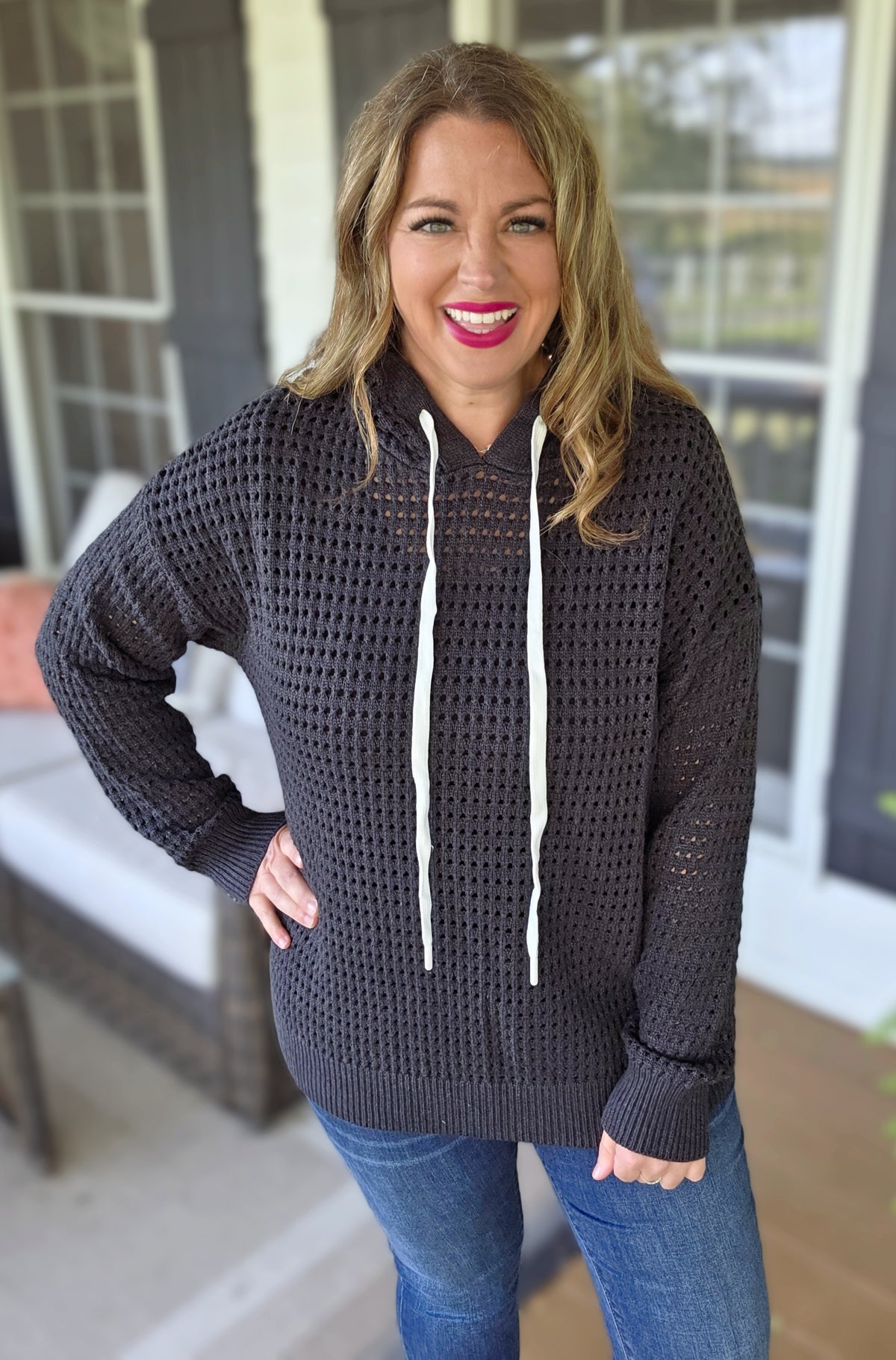 CHARCOAL OPEN KNIT OVERSIZED HOODIE