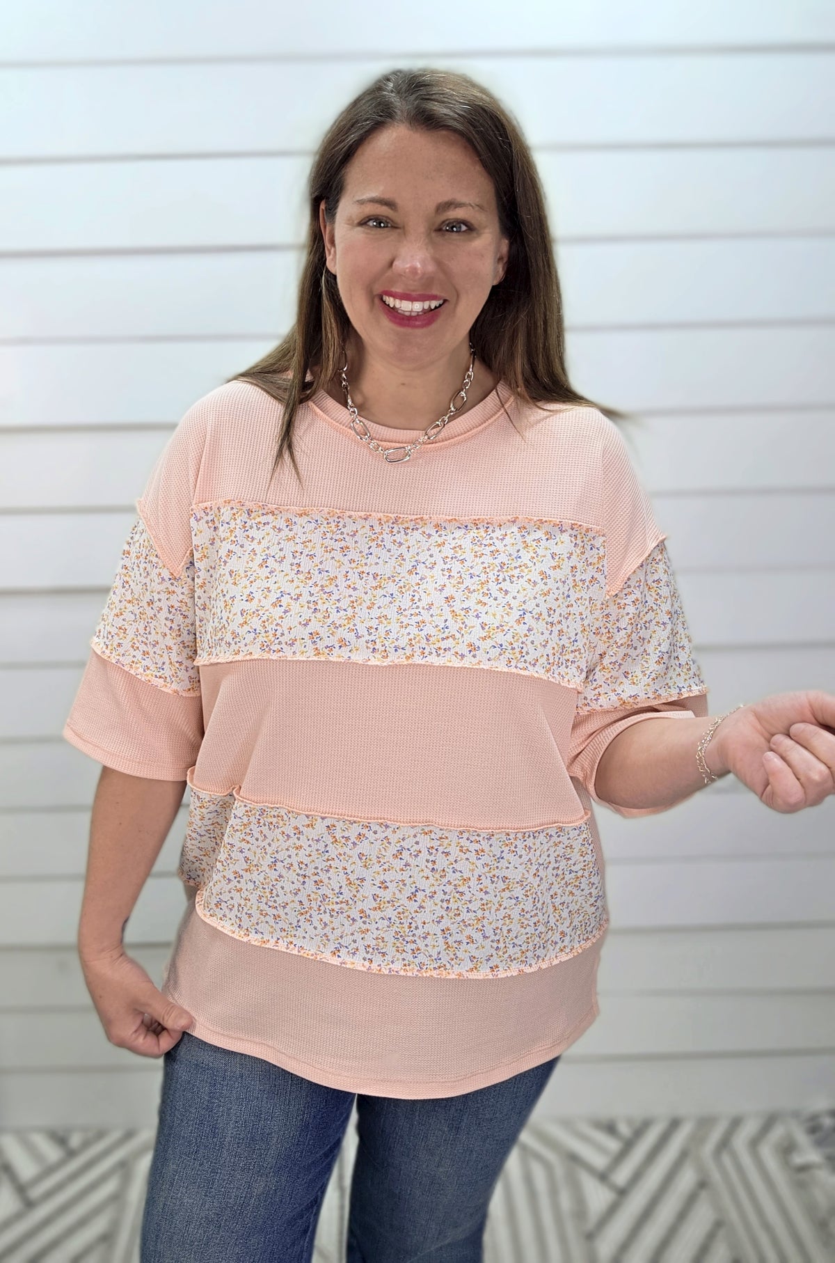 PEACH WAFFLE TEXTURE FLORAL COLORBLOCK KNIT TOP