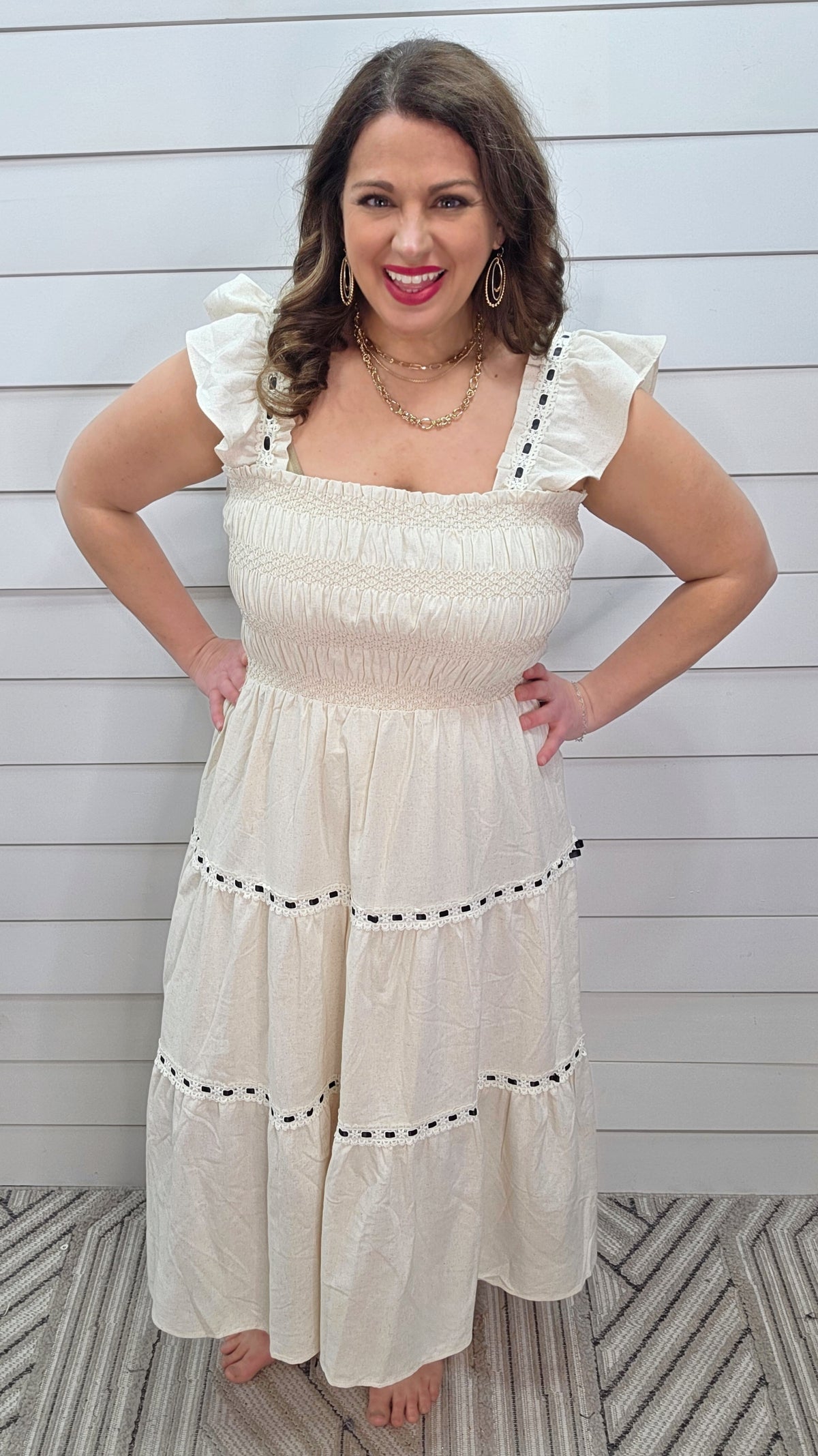 OATMEAL LACE/RIBBON TRIM LONG DRESS