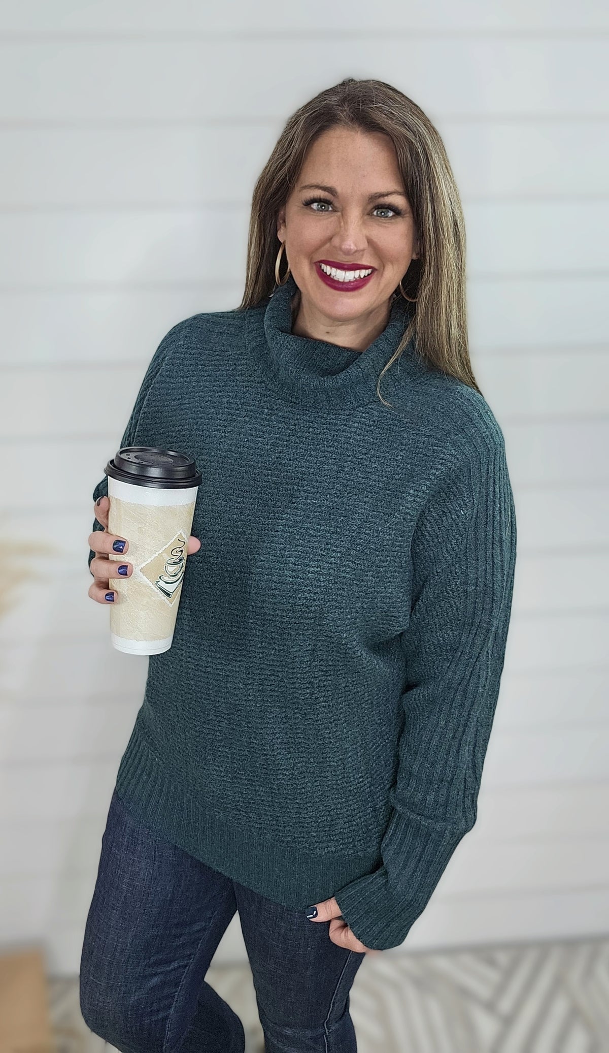 DARK JADE COWL NECK RIBBED SWEATER