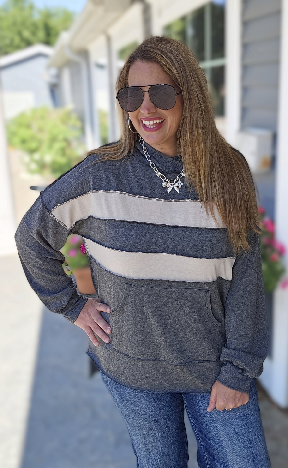 CHARCOAL COLORBLOCK LIGHT WEIGHT HOODIE RELAXED FIT TOP