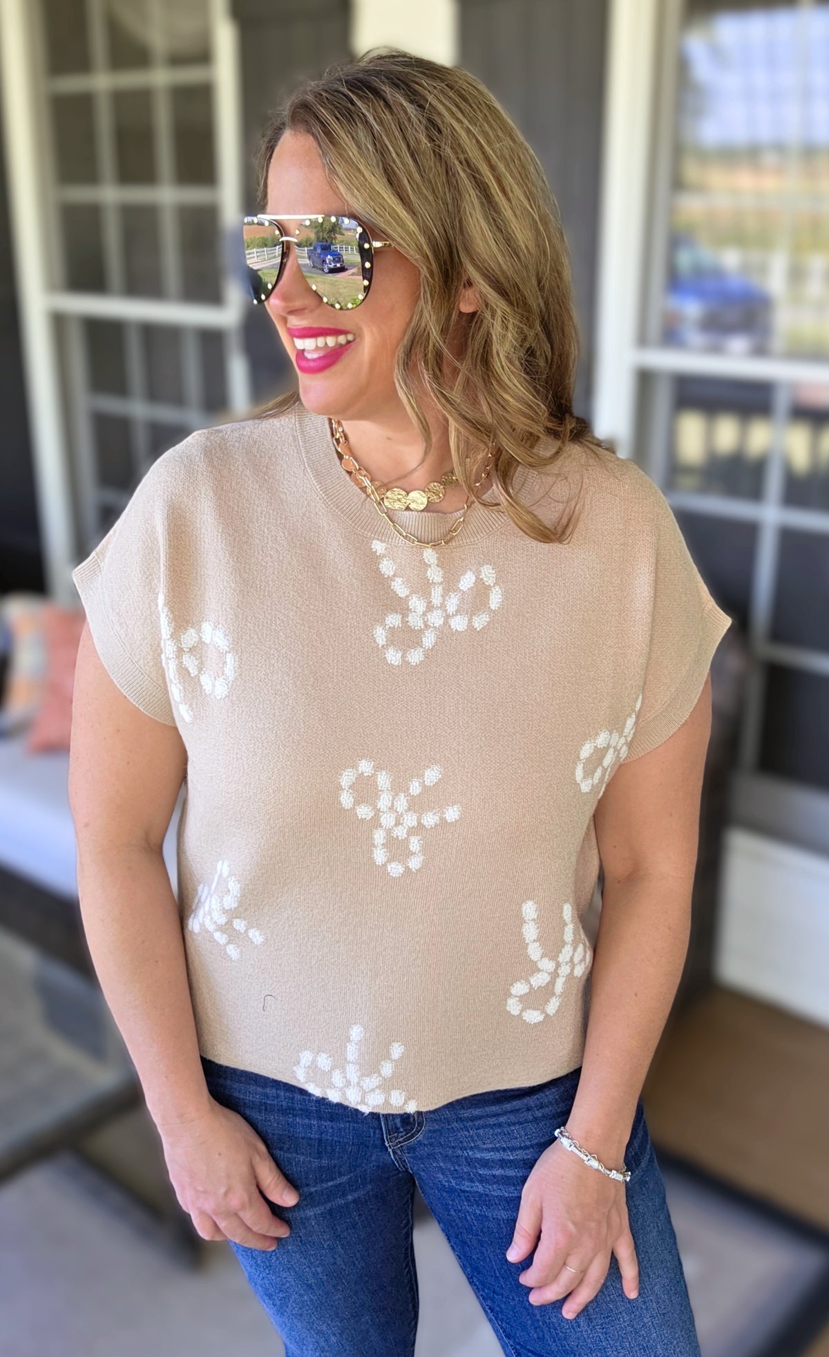 KHAKI BOW PRINT ULTRA SOFT SWEATER VEST